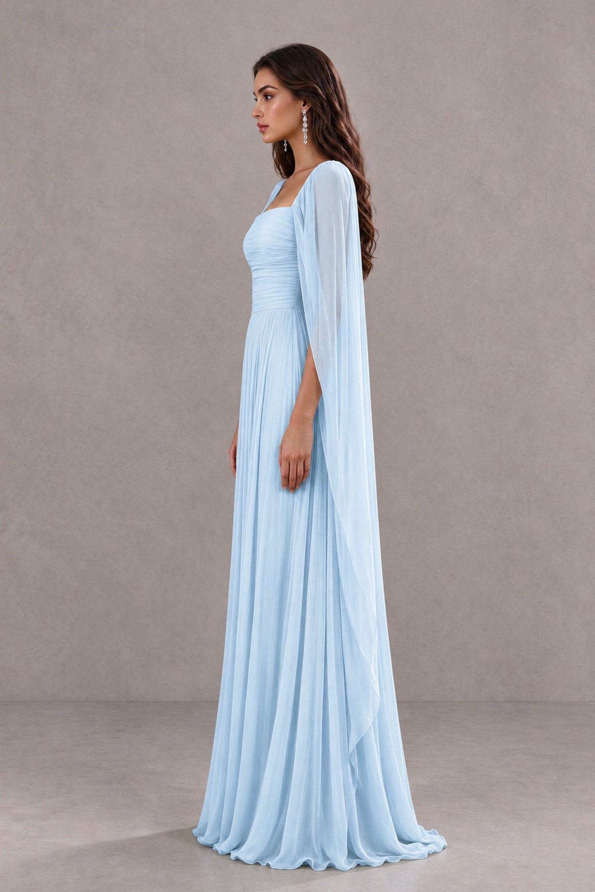 BOLODOO Light Blue Square Neck Cape Sleeve A-Line Evening Dress - Light Blue - Light_Blue_4