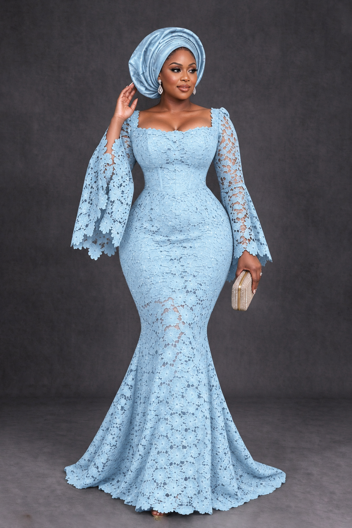 BOLODOO Light Blue African Lace Mermaid Dress, Plus Size Nigerian Wedding Guest Gown with Bell Sleeves - Light Blue - Light Blue_4