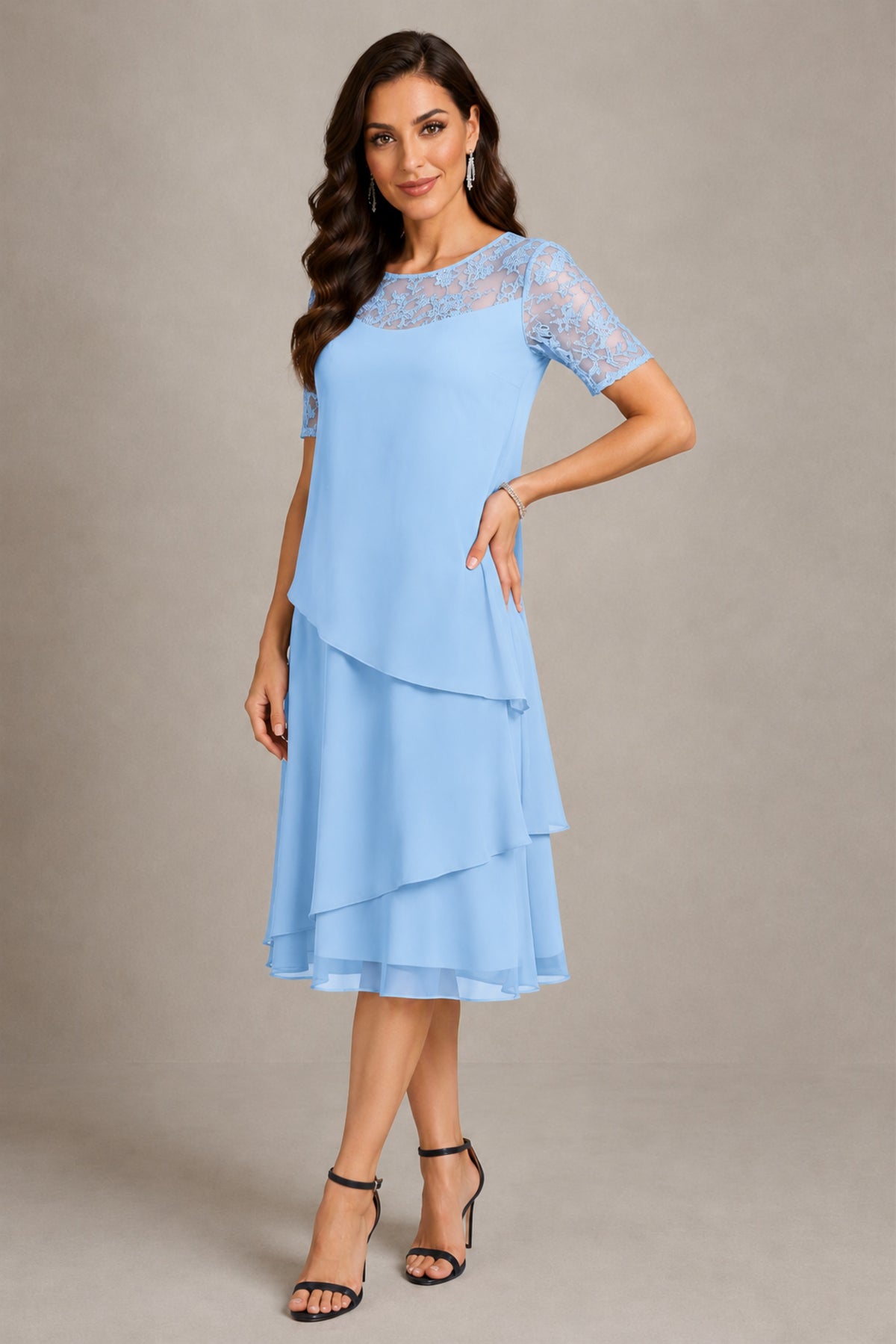 BOLODOO Light Blue Illusion Lace Short Sleeve Tiered Chiffon Tea Length Dress | Mother of the Bride Midi Dress - Light Blue
