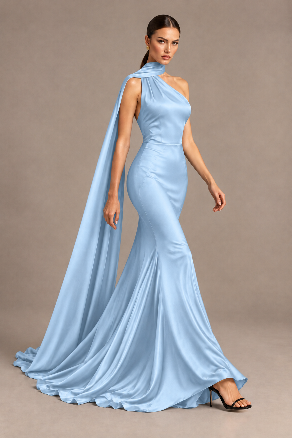 BOLODOO Light Blue One-Shoulder Satin Mermaid Evening Dress with Scarf - Light Blue - Light Blue_4