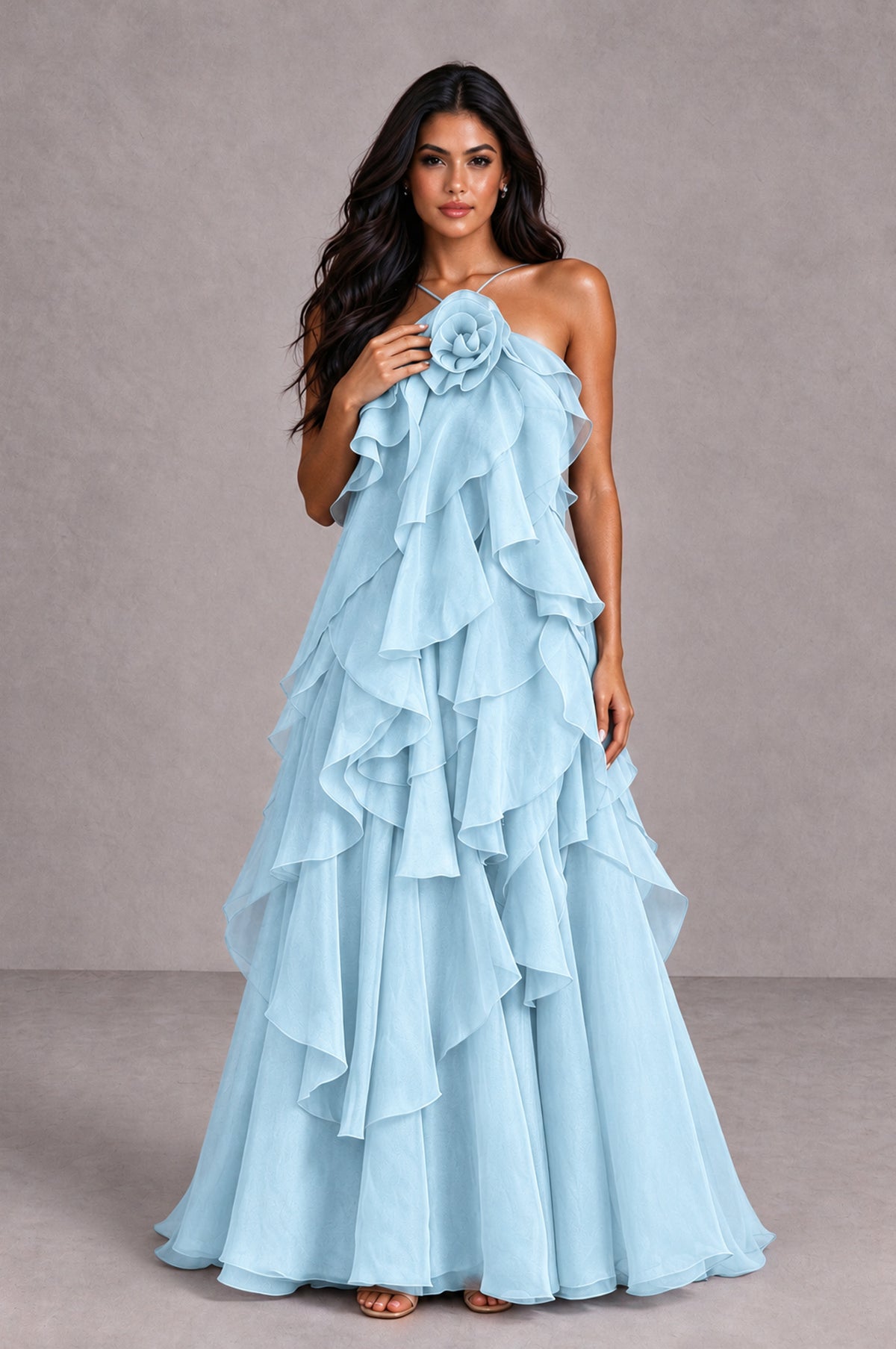BOLODOO Light Blue Cascading Ruffle Rosette Open-Back Maxi Dress - Light Blue - Light Blue_4