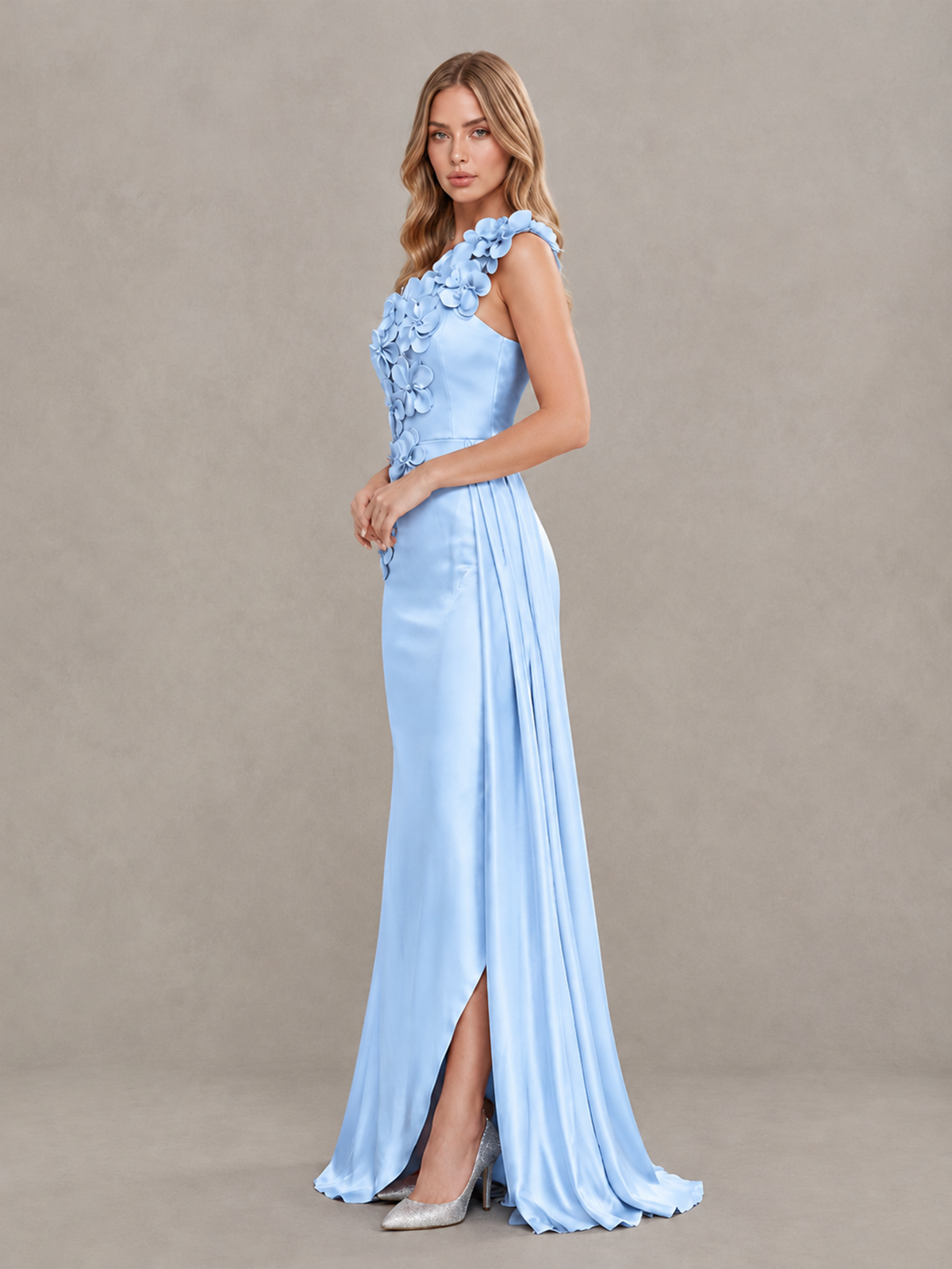 BOLODOO Light Blue One-Shoulder Satin Mermaid Evening Gown with 3D Floral Appliqué - Light Blue - Light Blue_4