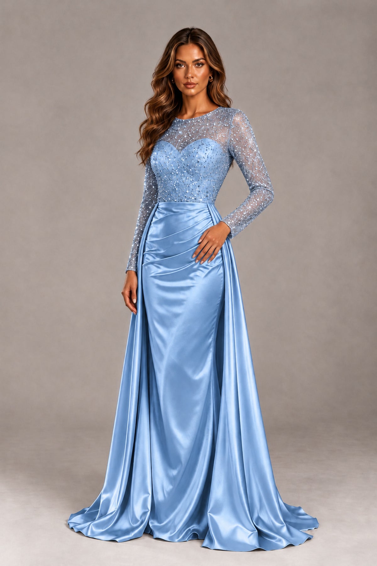 BOLODOO Light Blue Long Sleeve Embellished Satin Evening Gown with Sweep Train - Light Blue - Light Blue_4