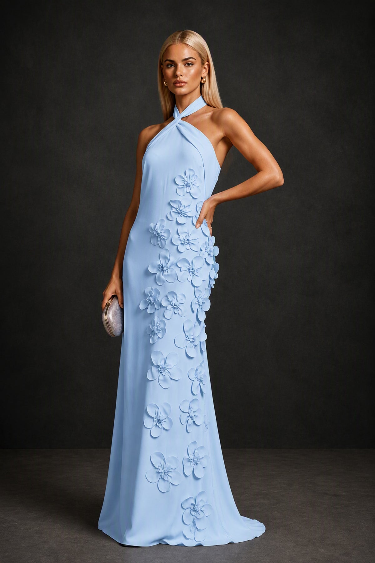 BOLODOO Light Blue Cross Halter Neck 3D Floral Appliqué Backless Mermaid Maxi Gown - Light Blue