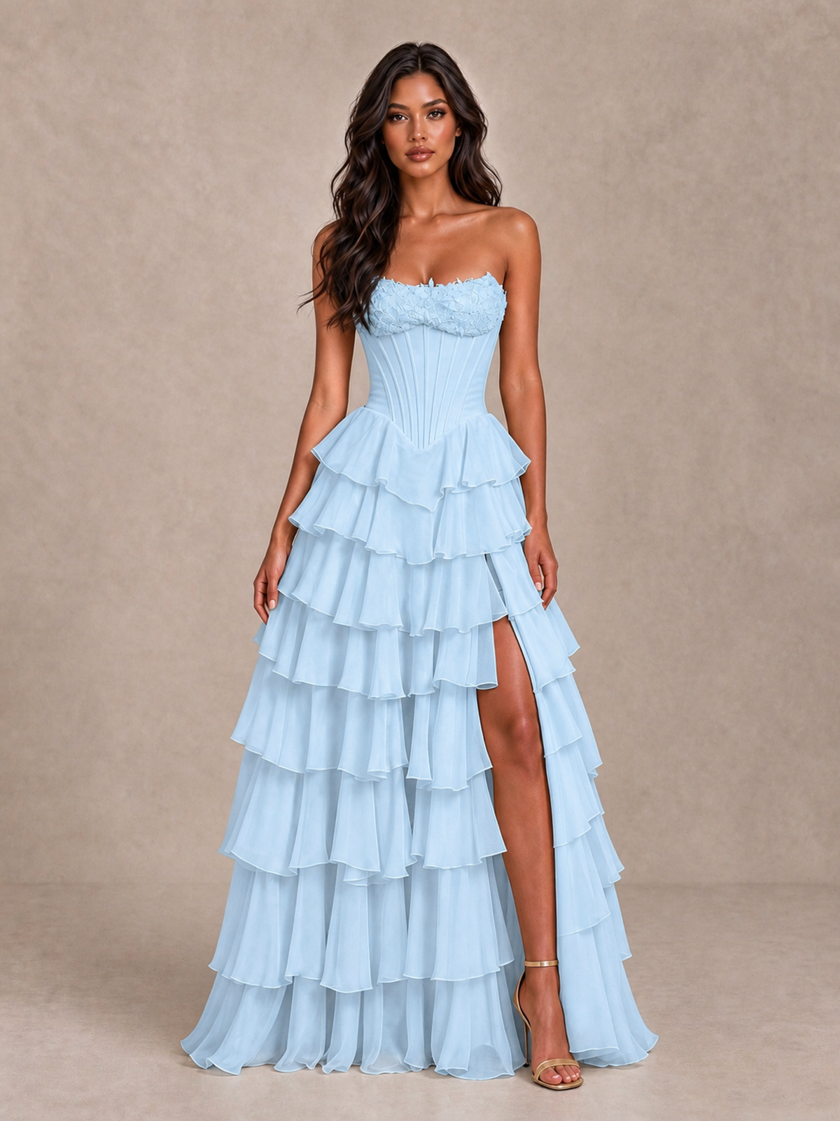 BOLODOO Light Blue Strapless Corset Tiered Ruffle Prom Dress with High Slit - Light Blue - Light Blue_4