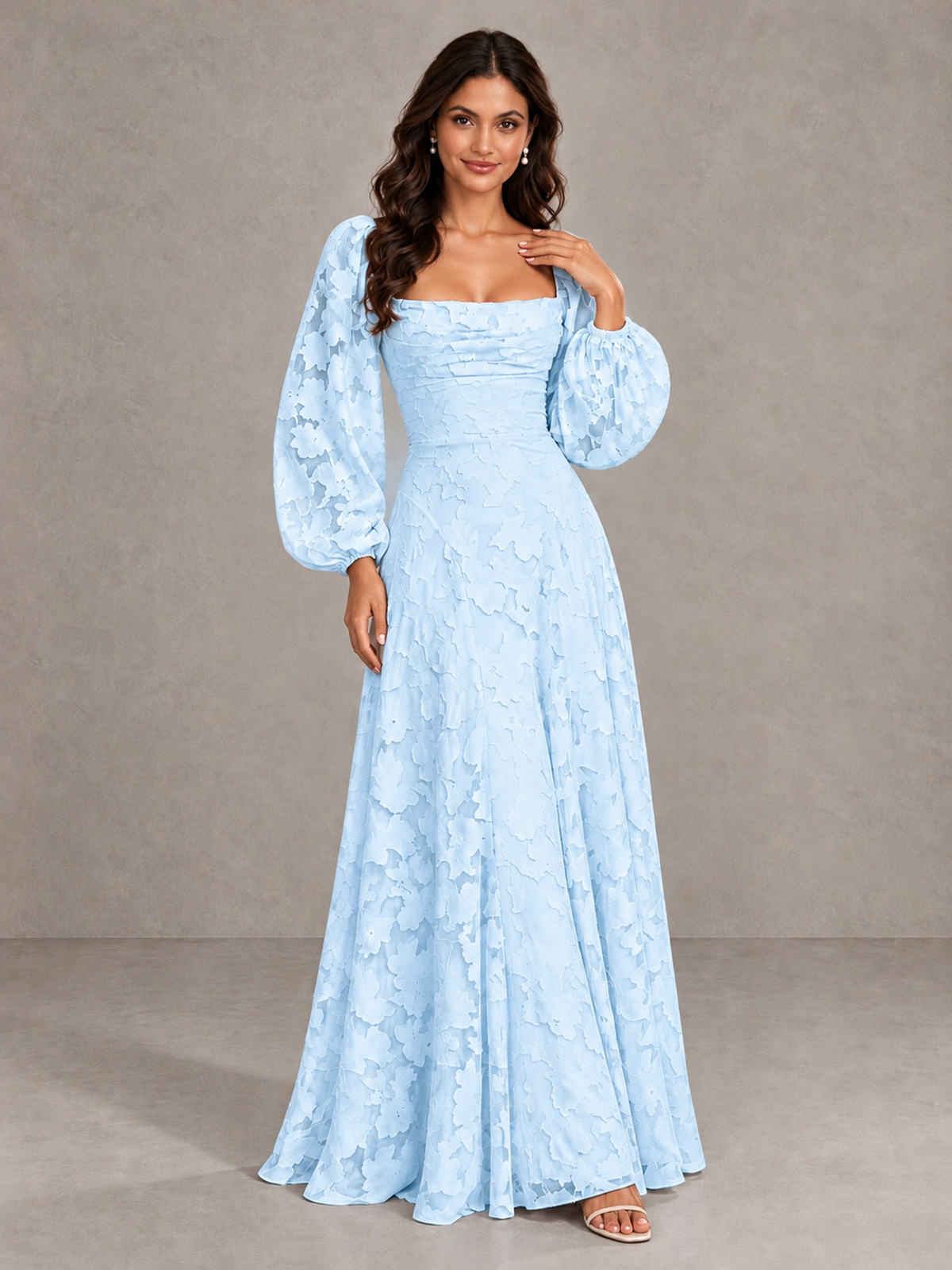 BOLODOO Light Blue Floral Long Sleeve A-Line Bridesmaid Dress - Light Blue - Light Blue_4
