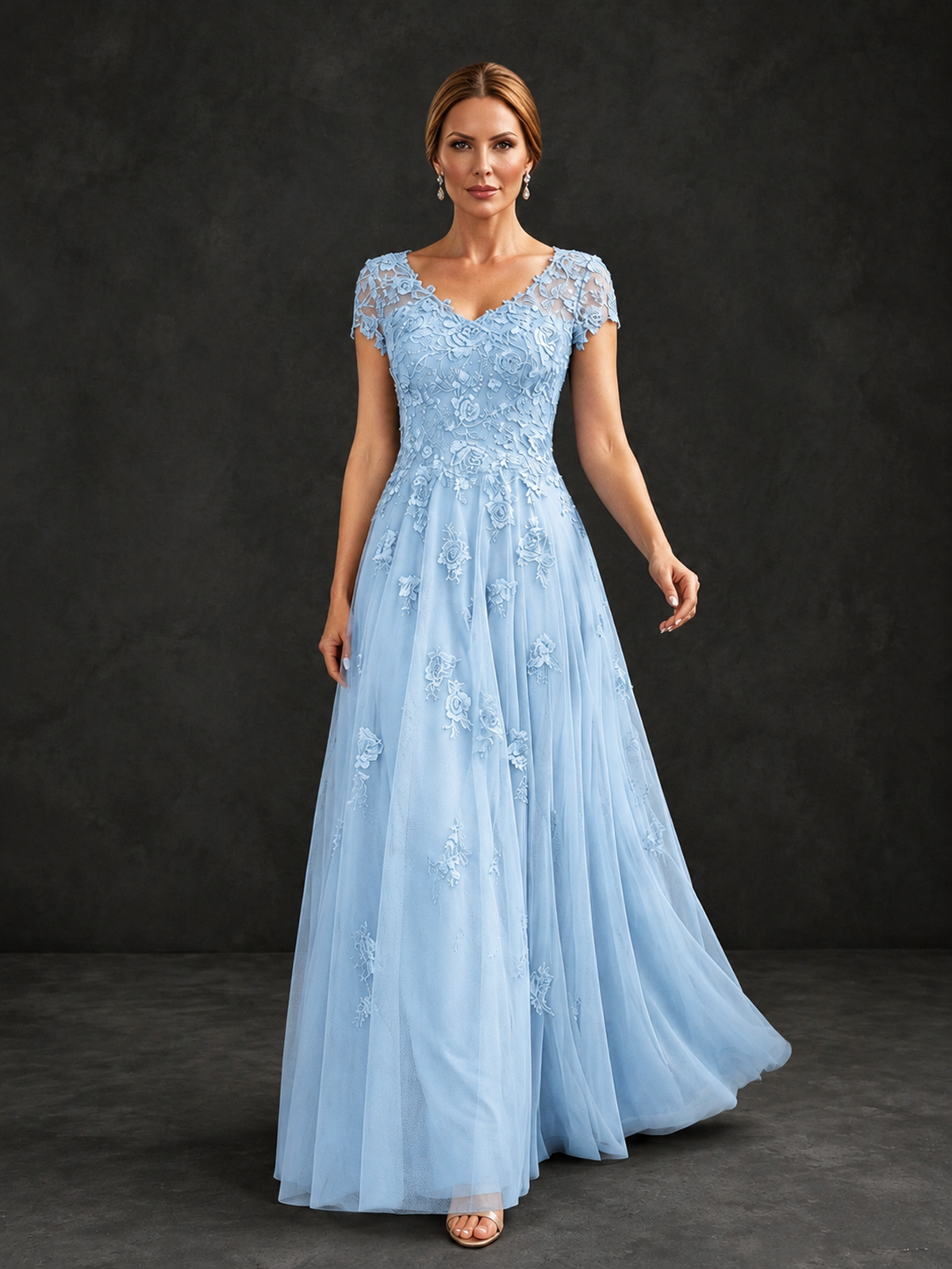 BOLODOO Light Blue Cap Sleeve Lace Appliqué A-Line Formal Gown | Mother of the Bride Dress - Light Blue - Light Blue_4