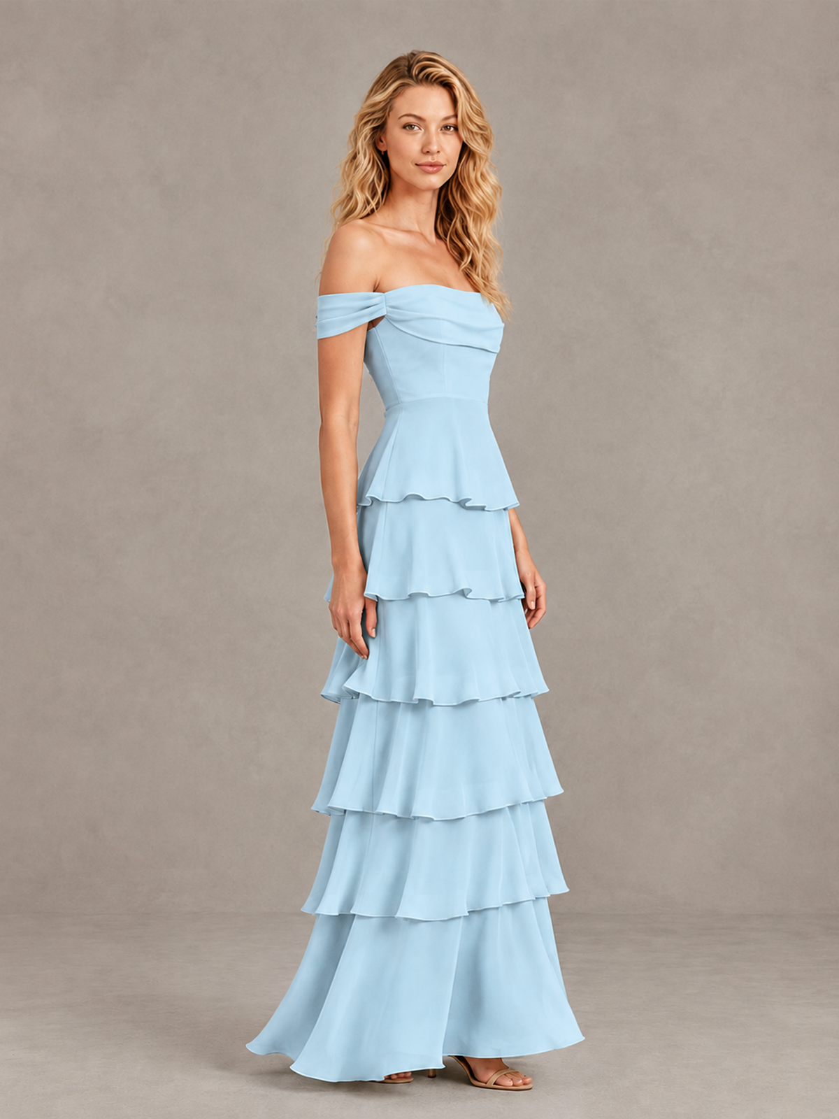 BOLODOO Light Blue Off-Shoulder Tiered Ruffle Bridesmaid Dress with Lace-Up Back - Light Blue - Light Blue_4