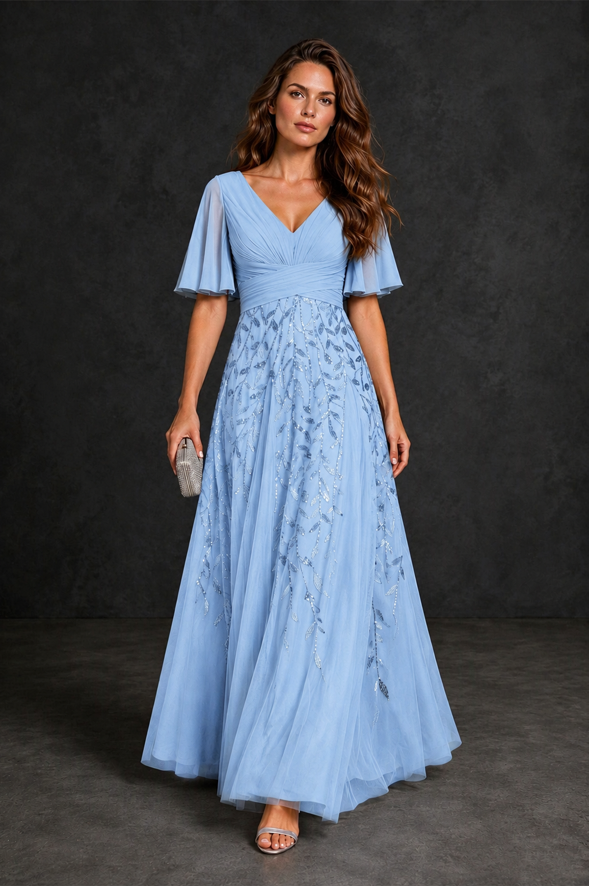 BOLODOO Light Blue V-Neck Flutter Sleeve Beaded Botanical Tulle A-Line Gown | Mother of the Bride Evening Dress - Light Blue - Light Blue_4