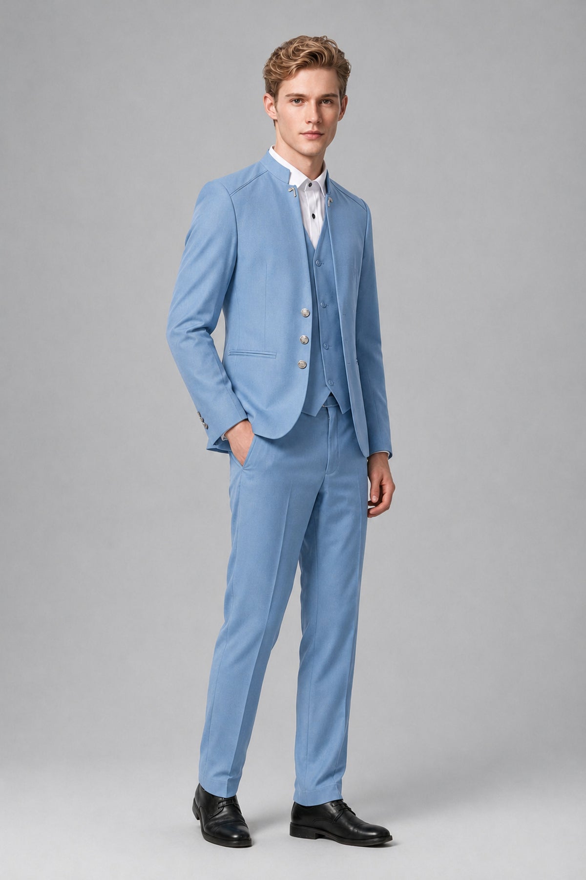 Bolodoo Men's Light Blue Mandarin Collar 3-Piece Suit – Jacket, Vest & Trousers - Light Blue - Light Blue_4
