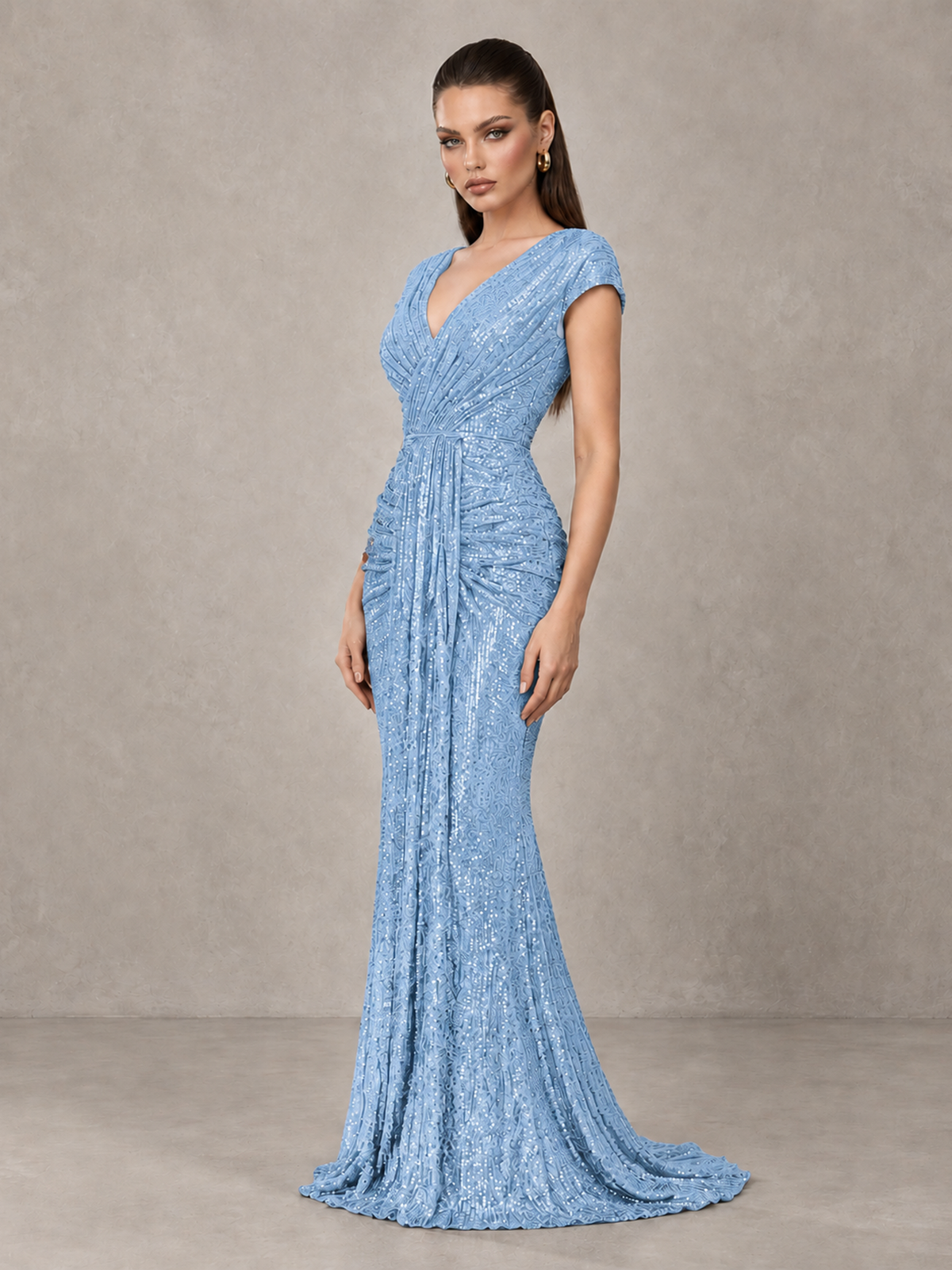 BOLODOO Light Blue Glitter V-Neck Cap Sleeve Ruched Mermaid Evening Gown - Light Blue - Light Blue_4