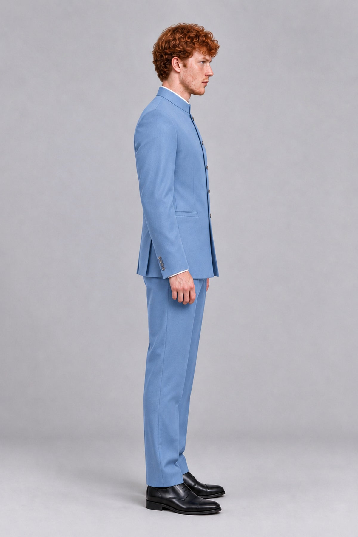 BOLODOO Men's Light Blue Mandarin Collar Two-Piece Suit - Light Blue - Light Blue_4