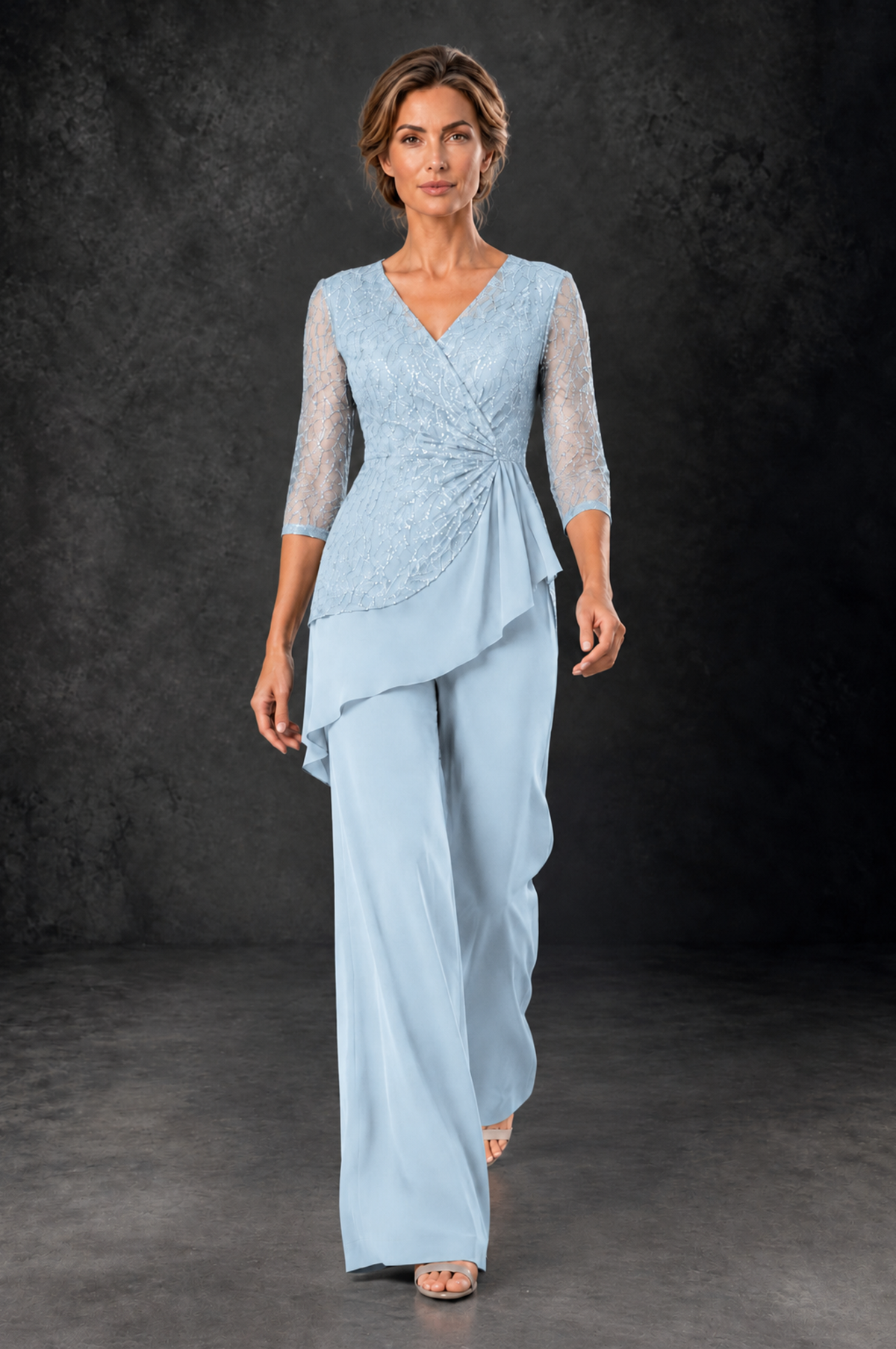 BOLODOO Light Blue Sequin Lace 3/4 Sleeve Chiffon Mother of the Bride Pant Suit - Light Blue - Light_Blue_4