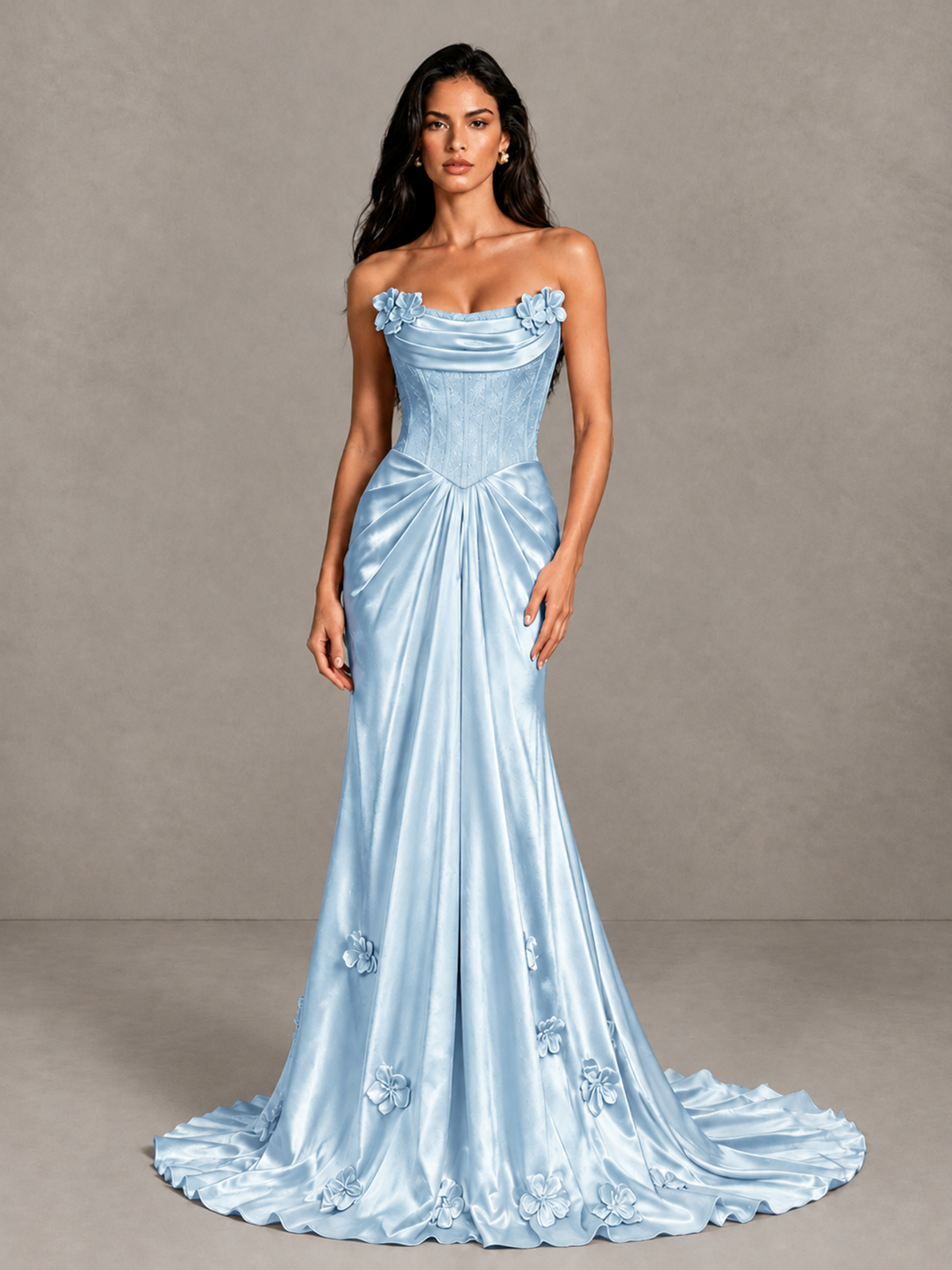 BOLODOO Light Blue Strapless Floral Corset Evening Gown with Train - Light Blue - Light Blue_4
