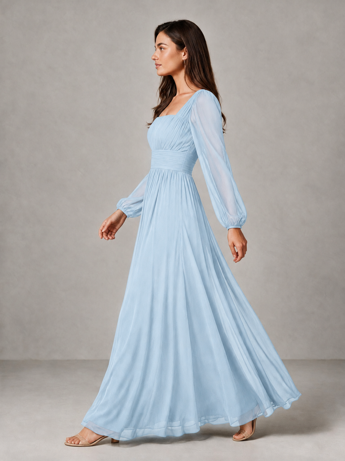 BOLODOO Light Blue Square Neck Long Sleeve Chiffon Bridesmaid Dress - Light Blue - Light Blue_4