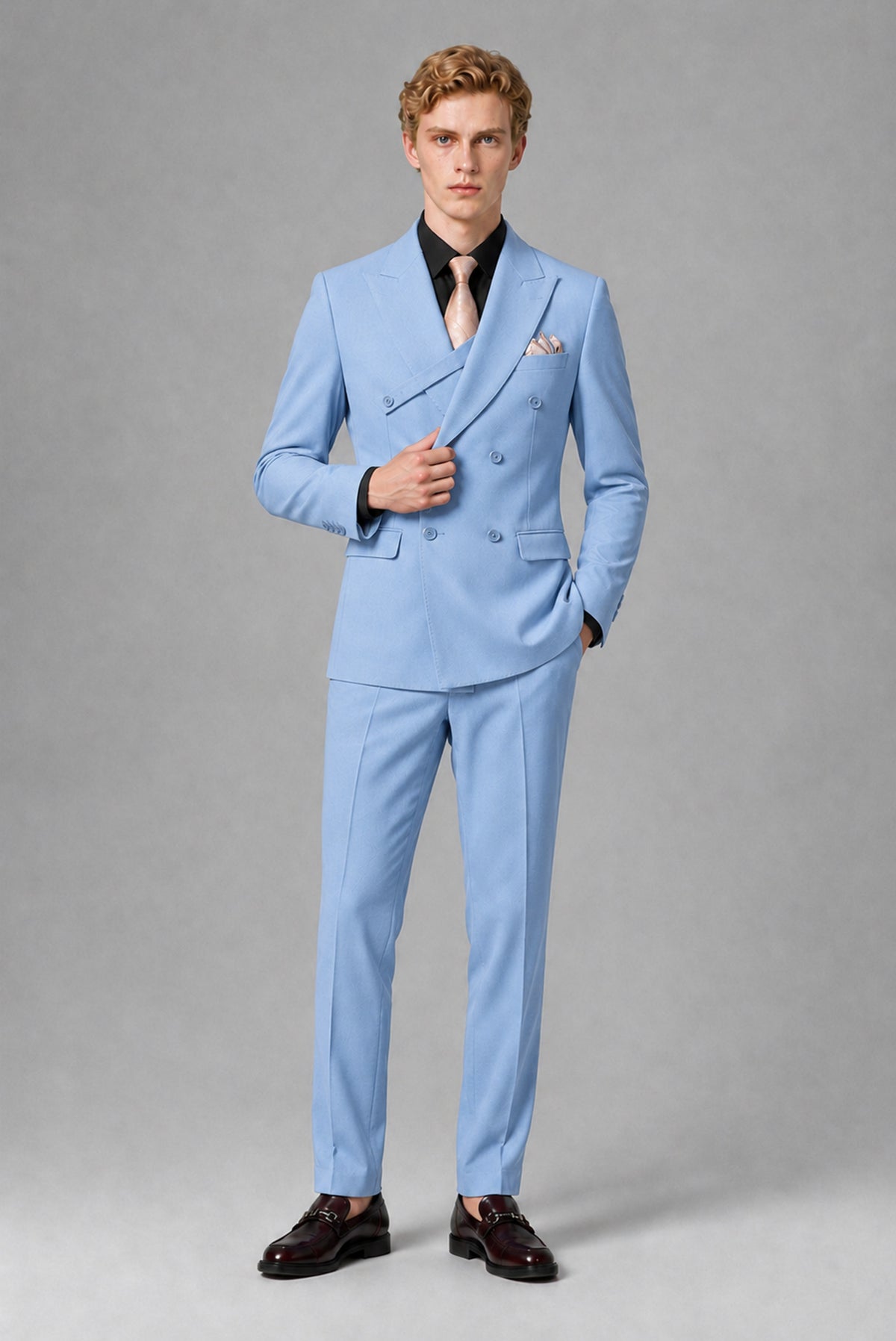 BOLODOO Men's Light Blue Double-Breasted Two-Piece Suit – Jacket & Trousers - Light Blue