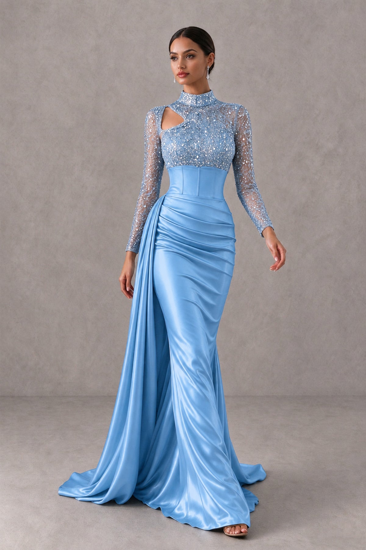BOLODOO Light Blue Long Sleeve Embellished Satin Mermaid Evening Gown - Light Blue - Light Blue_4