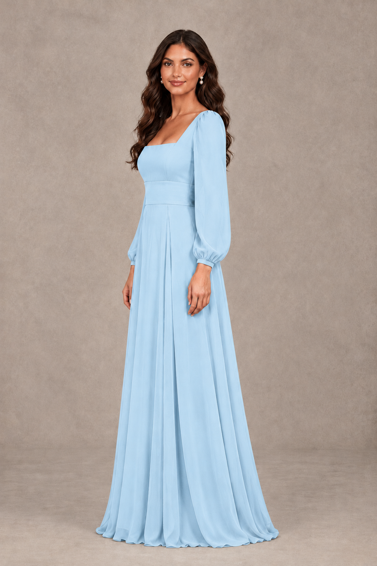 BOLODOO Light Blue Square Neck Long Sleeve A-Line Bridesmaid Dress - Light Blue - Light Blue_4