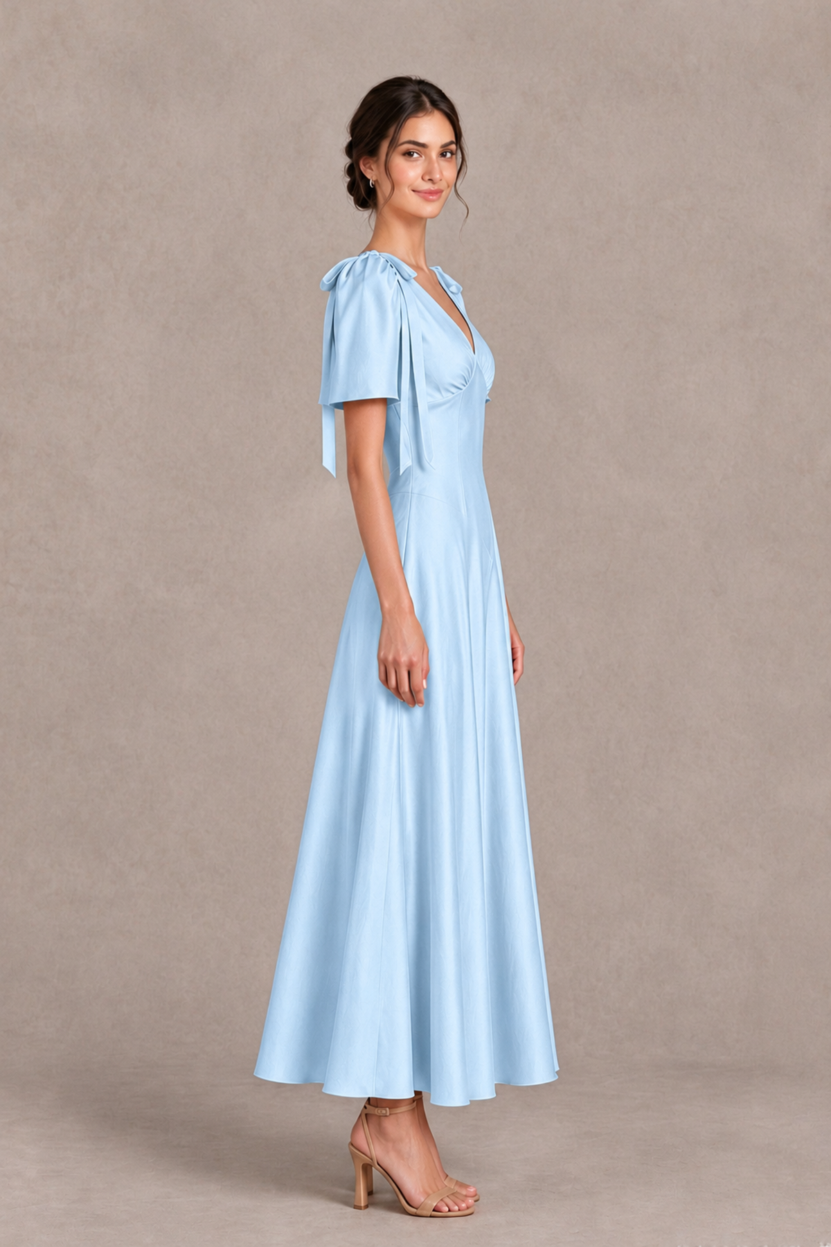 BOLODOO Light Blue V-Neck Short Sleeve Satin-Look Bridesmaid Dress with Shoulder Bows - Light Blue - Light Blue_4
