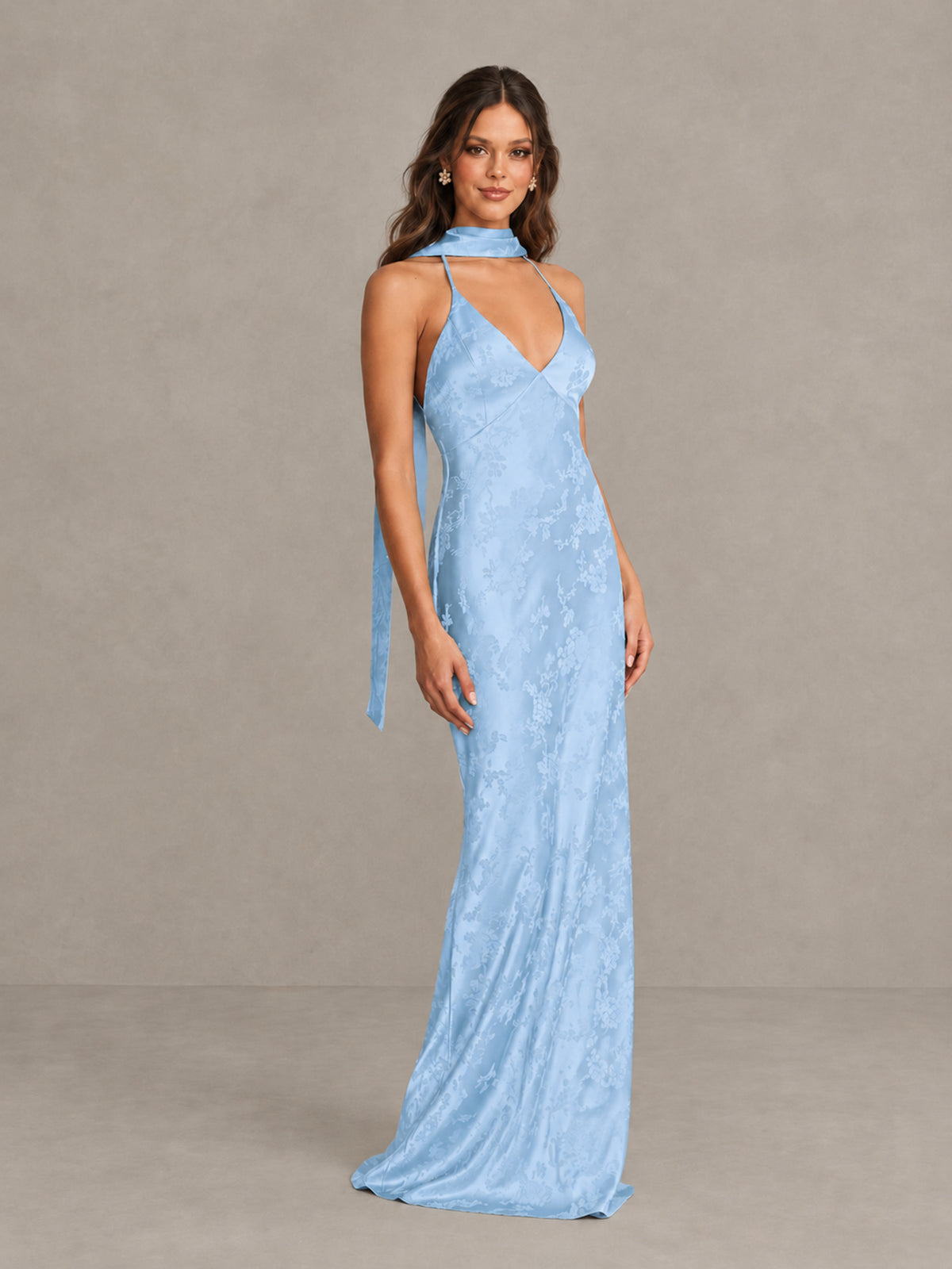 BOLODOO Light Blue Floral Satin Open-Back Bridesmaid Dress - Light Blue - Light Blue_4