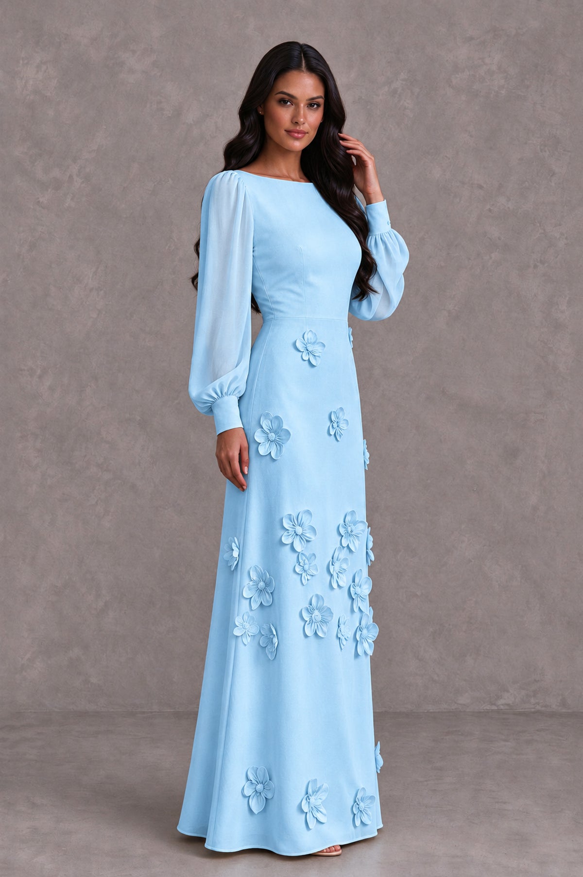 BOLODOO Light Blue Long Sleeve Floral Applique A-Line Evening Dress - Light Blue - Light Blue_4