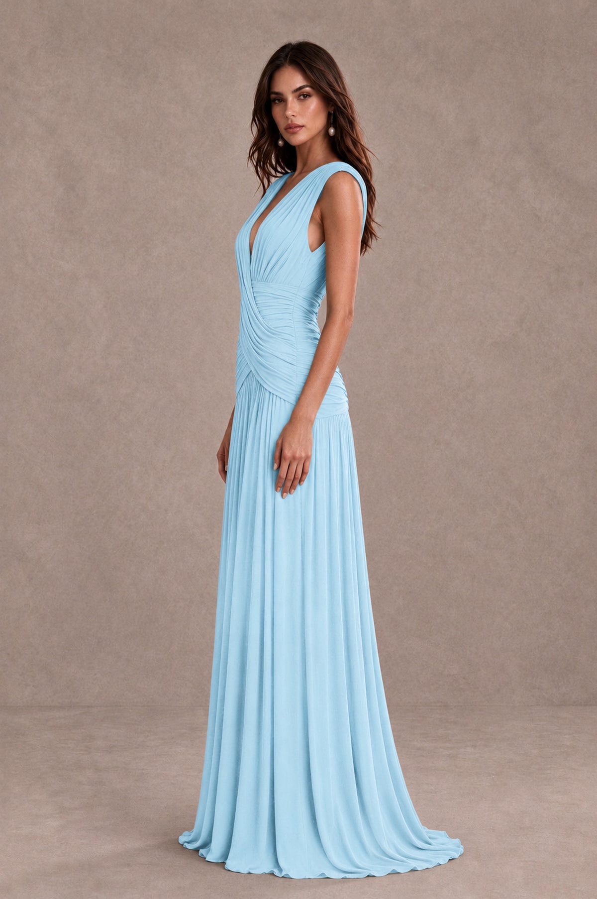 BOLODOO Light Blue V-Neck Ruched Wedding Guest Dress - Light Blue - Light Blue_4