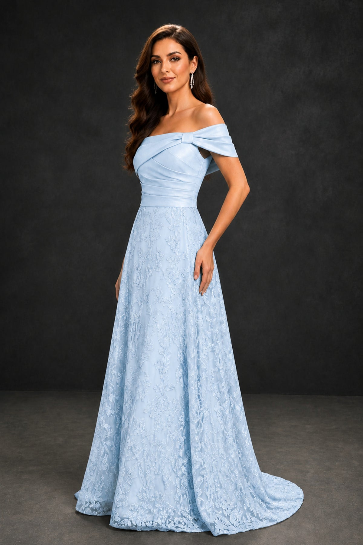 BOLODOO Light Blue Lace Glitter Off Shoulder Cap Sleeve A-Line Ball Gown with Train – Formal Evening Dress - Light Blue