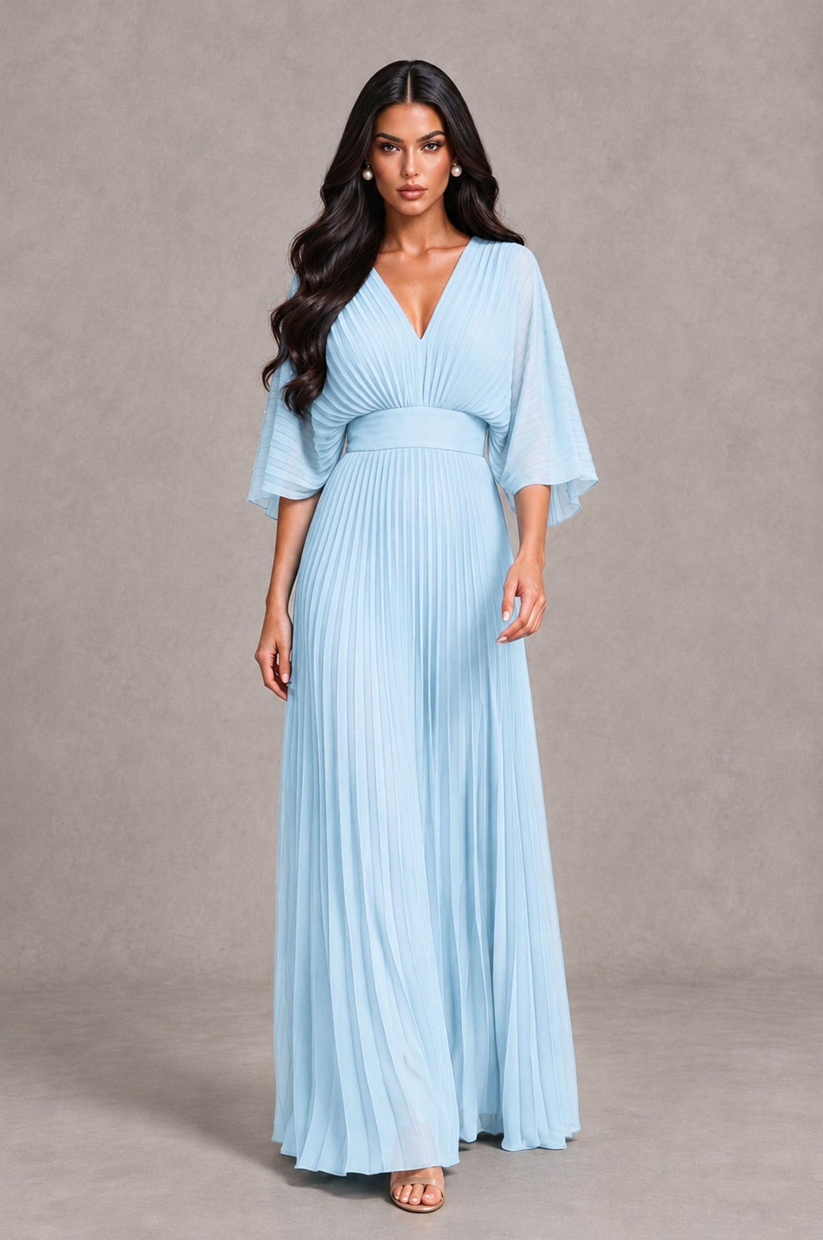 BOLODOO Light Blue V-Neck Pleated Flutter Sleeve Formal Dress - Light Blue - Light Blue_4