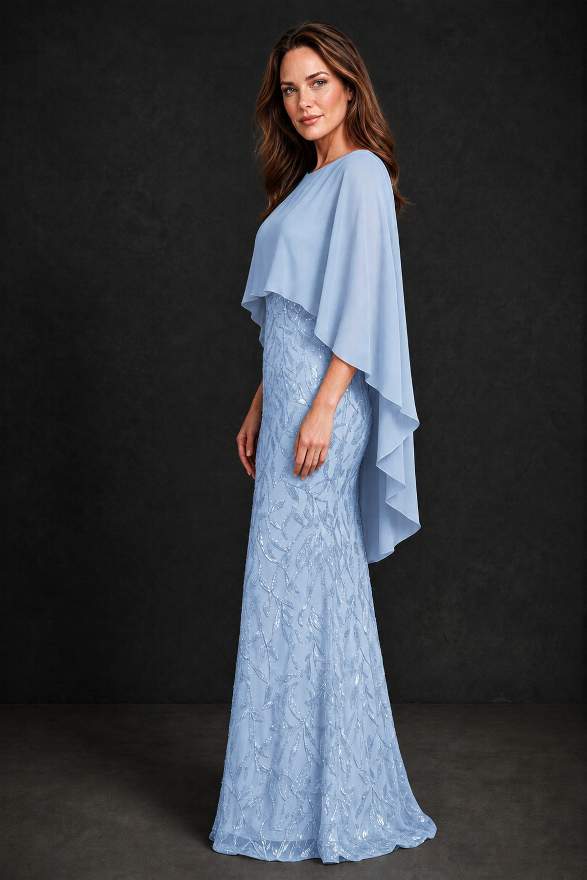BOLODOO Light Blue Round Neck Chiffon Cape Overlay Sequin Lace Mermaid Maxi Dress - Light Blue - Light Blue_4