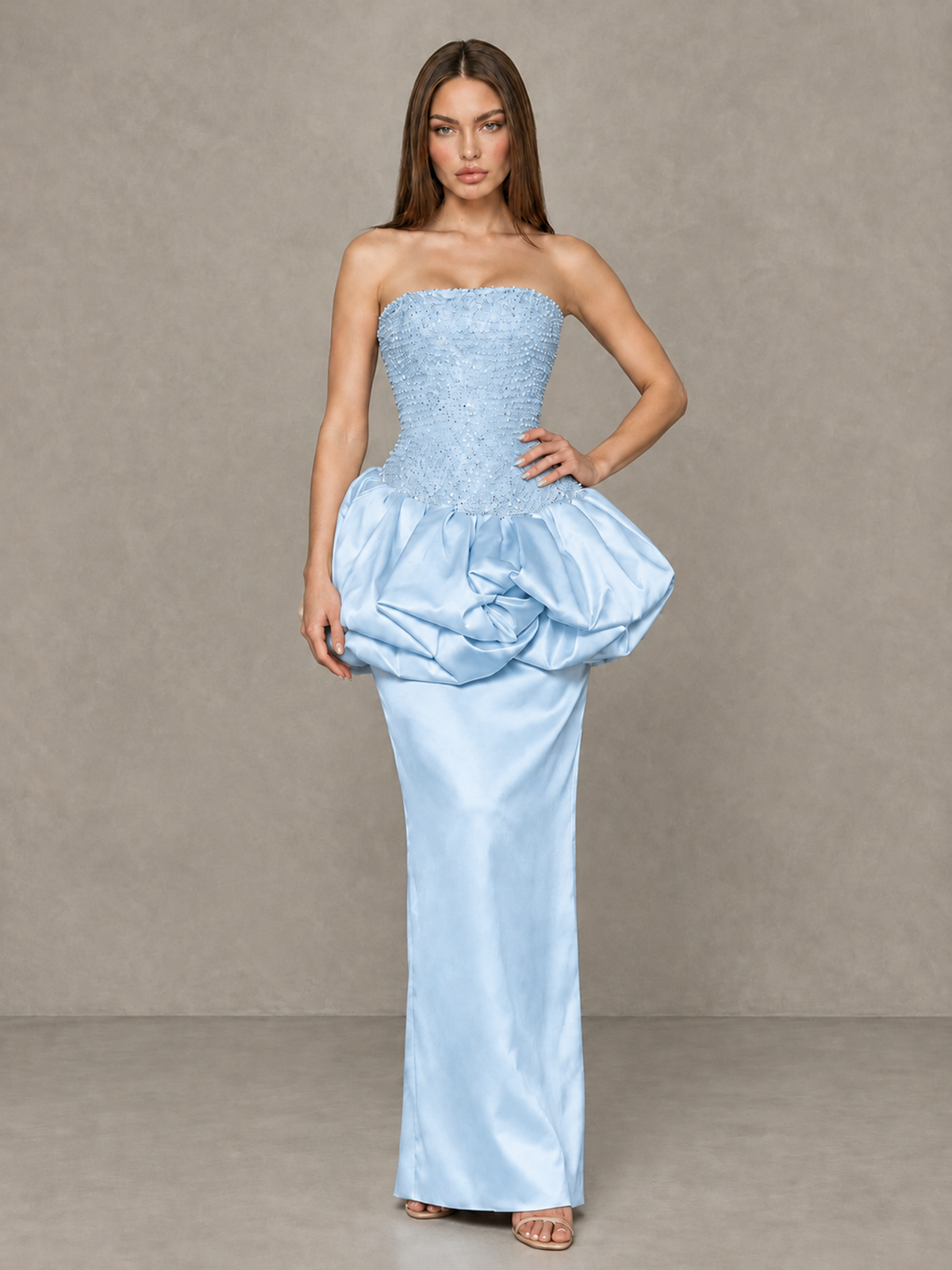 BOLODOO Light Blue Strapless Embellished Bubble Peplum Evening Dress - Light Blue - Light Blue_4
