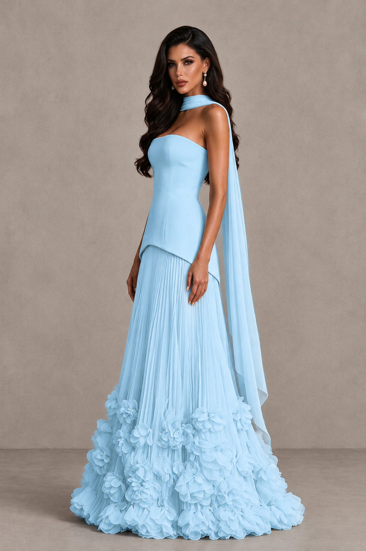 BOLODOO Light Blue Strapless Pleated Floral Hem Evening Gown - Light Blue - Light Blue_4