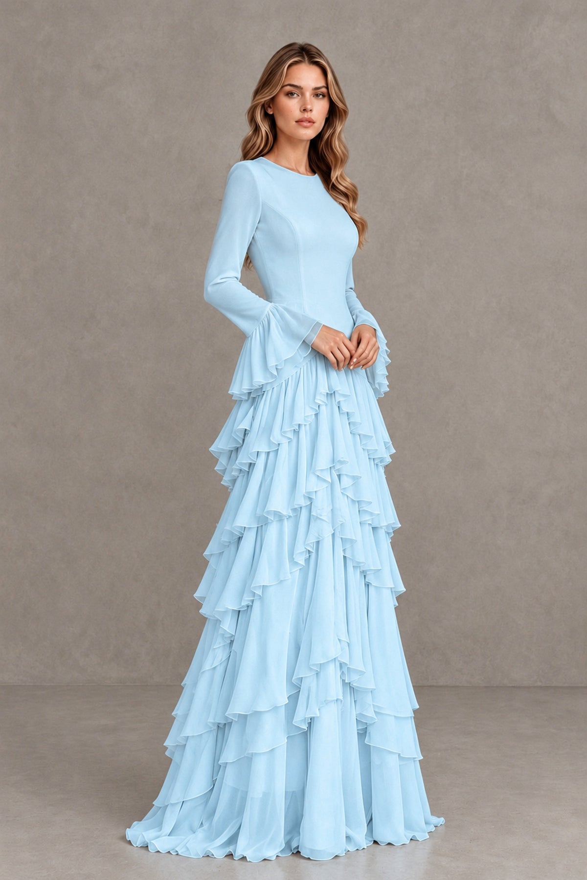 Light Blue Long Sleeve Tiered Ruffle Evening Gown - Light Blue - Light Blue_4