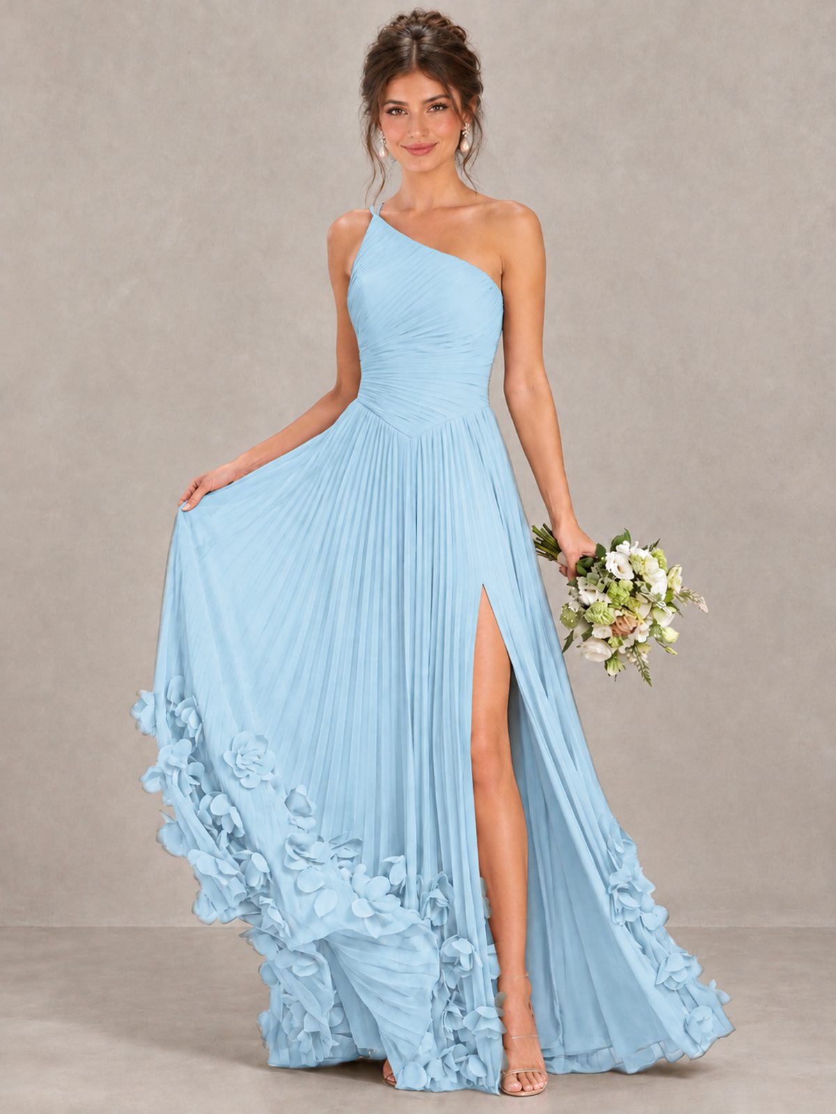 BOLODOO Light Blue One-Shoulder Pleated Bridesmaid Dress with 3D Floral Hem - Light Blue - Light Blue_4