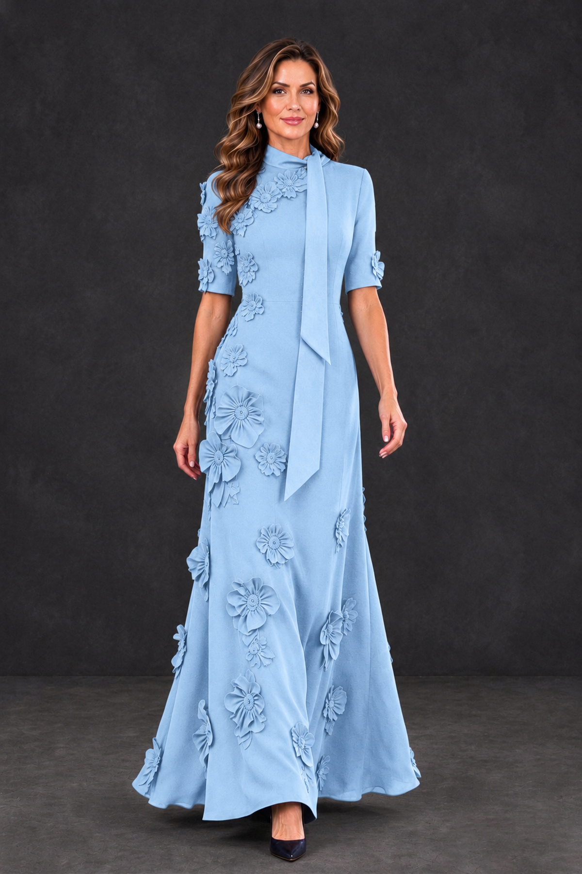 BOLODOO Light Blue Floral Applique High-Neck Half-Sleeve Gown - Light Blue - Light Blue_4