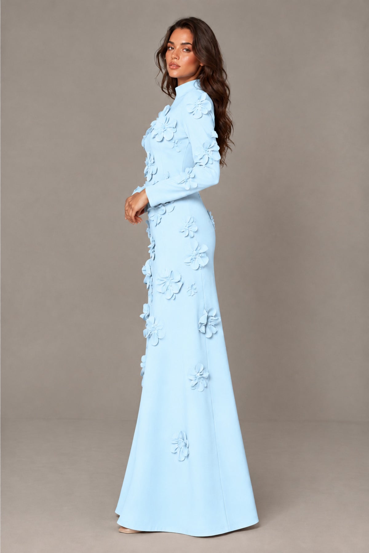 BOLODOO Light Blue High Neck Long Sleeve 3D Floral Evening Gown - Light Blue
