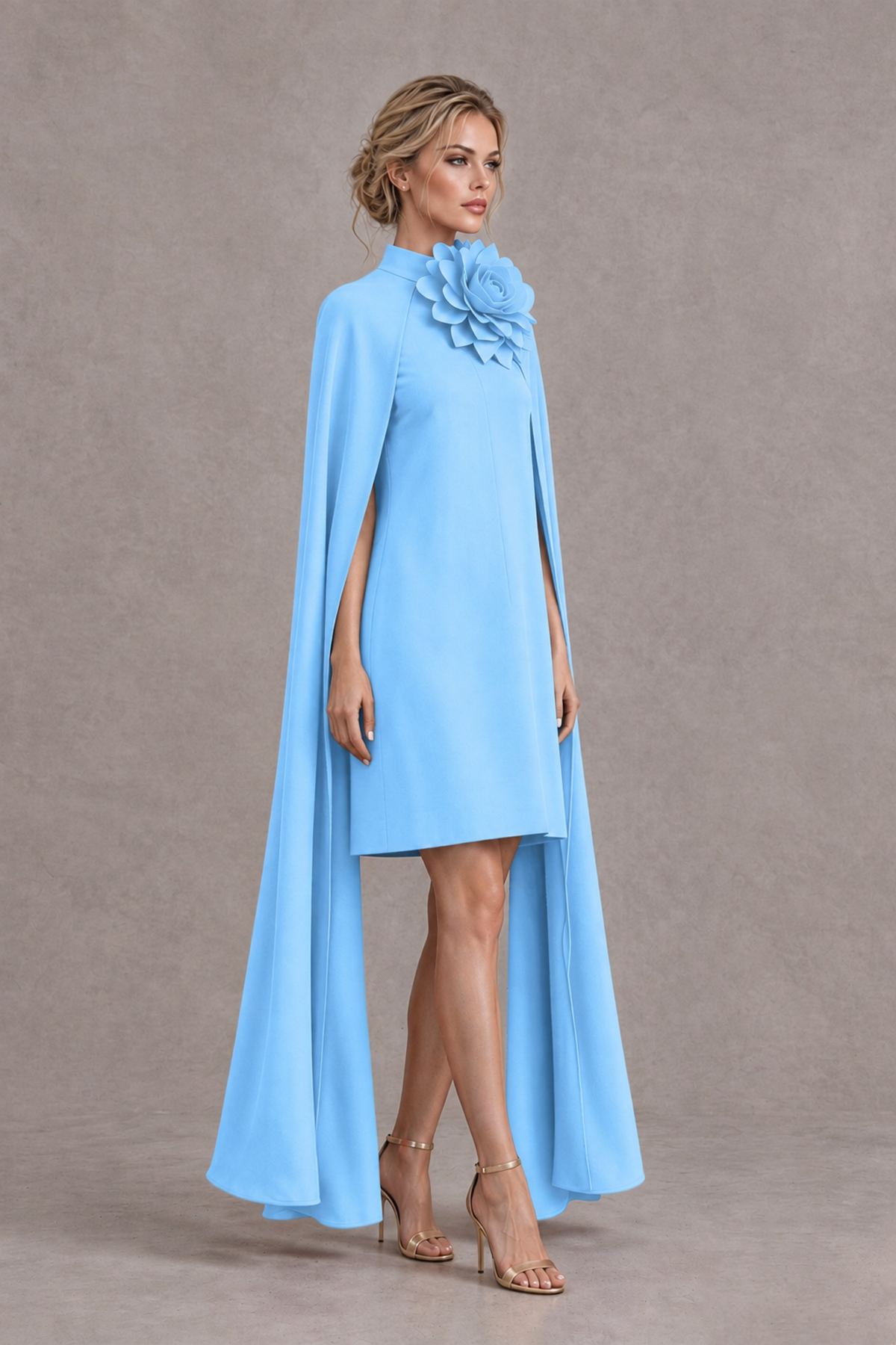 BOLODOO Light Blue High Neck Floral Cape Mini Cocktail Dress - Light Blue - Light Blue_4
