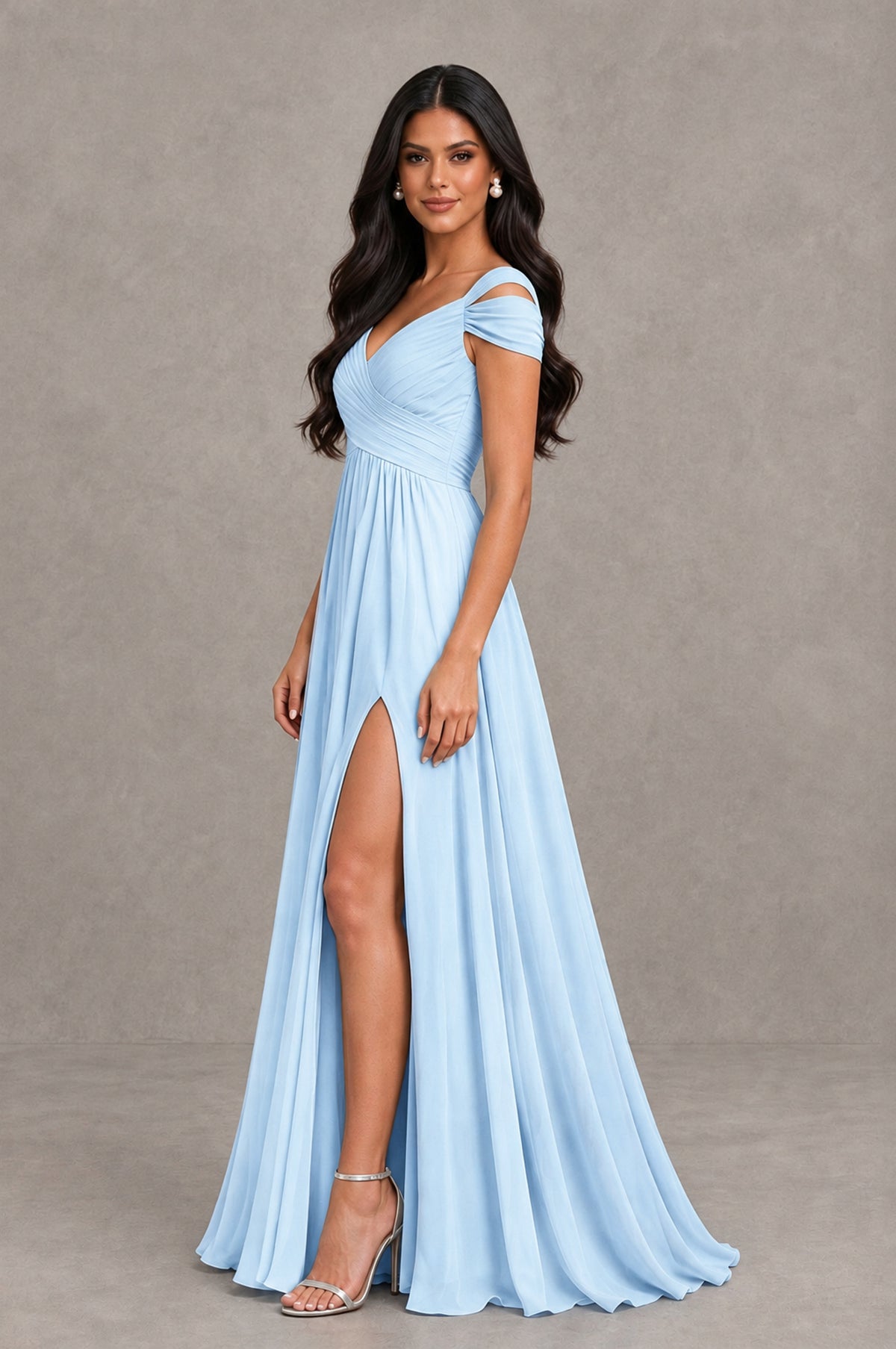 BOLODOO Light Blue Cold Shoulder Chiffon Evening Dress with V Neck and High Slit - Light Blue - Light Blue_4