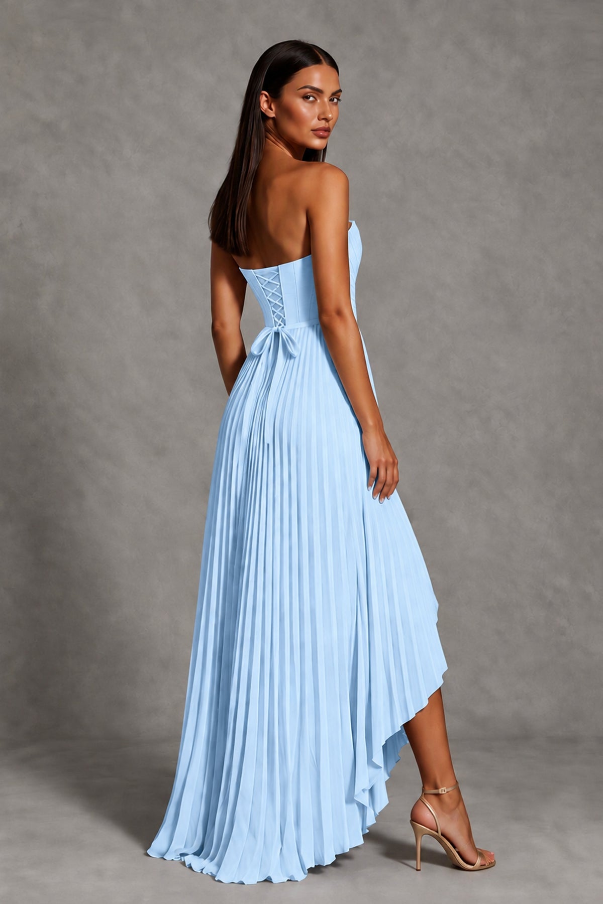 Light Blue Strapless Pleated High-Low Evening Gown with Ruffle Hem - Light Blue