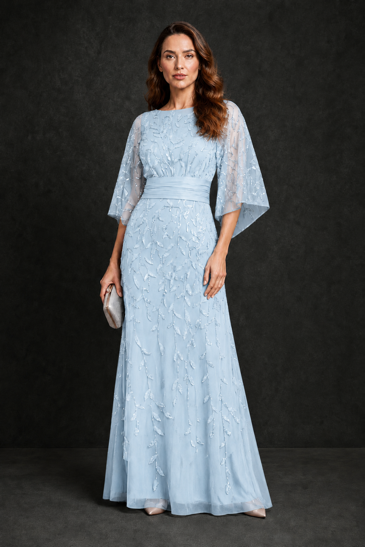 BOLODOO Light Blue Bateau Neck Bell Sleeve Sequin Embroidered Satin Waist A-Line Maxi Dress - Light Blue - Light_Blue_4