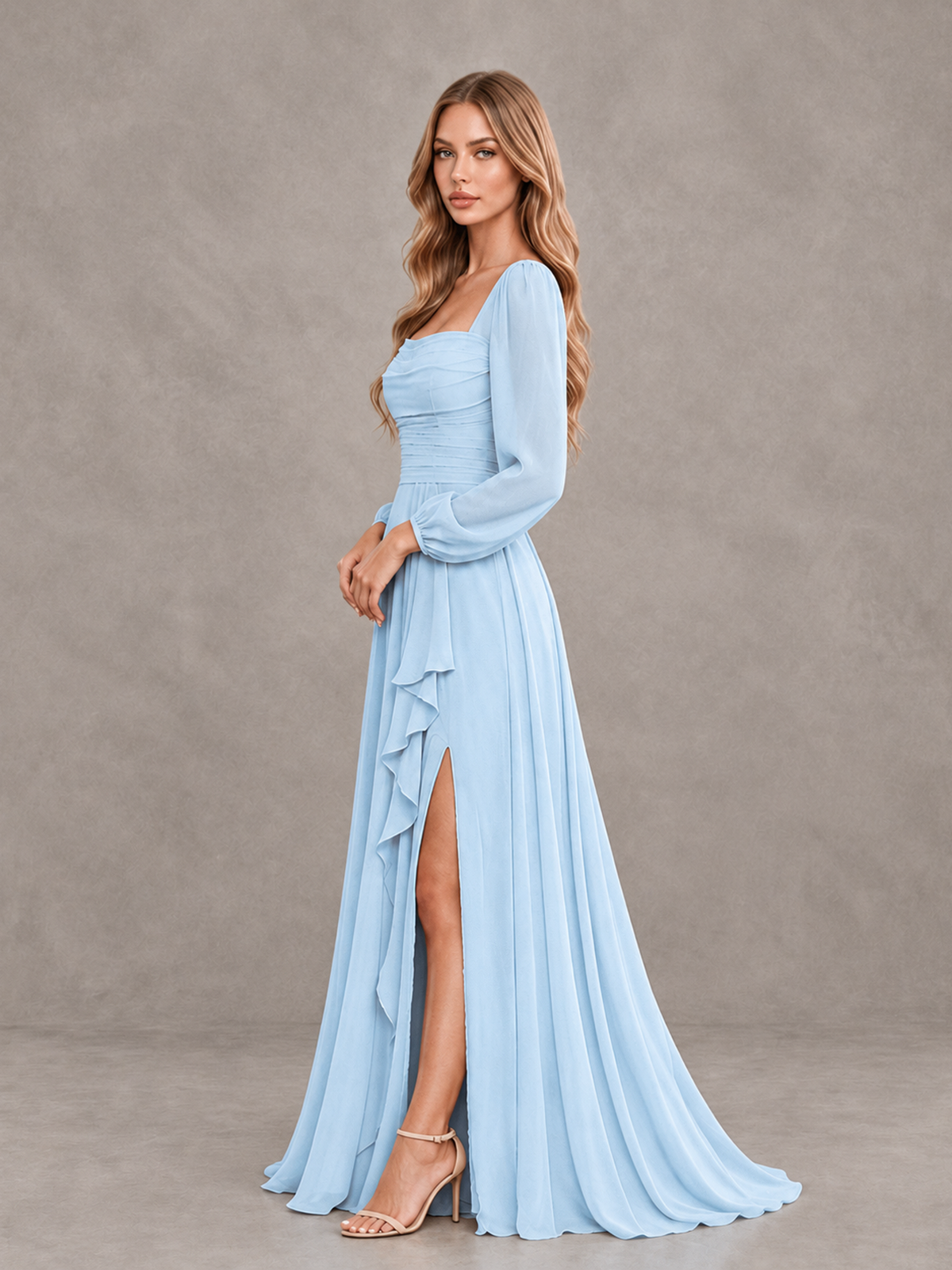 BOLODOO Light Blue Square Neck Long Sleeve Bridesmaid Dress with Ruffle Slit - Light Blue - Light Blue_4