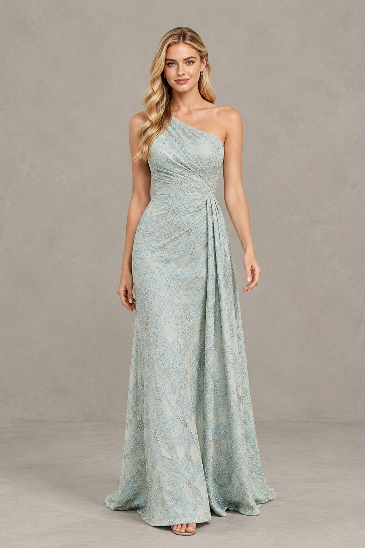 BOLODOO Light Blue One-Shoulder Textured Formal Gown - Light Blue