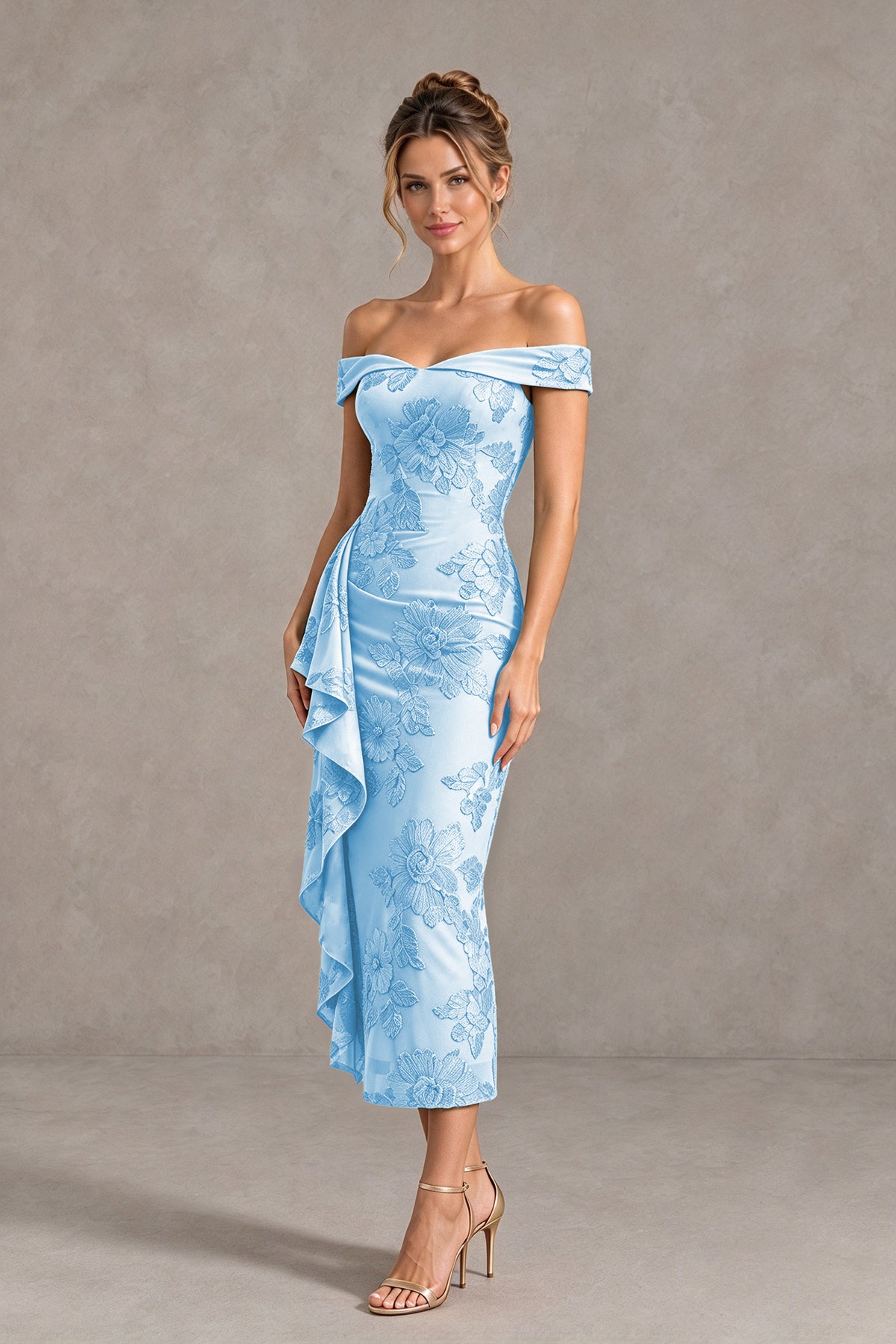 BOLODOO Light Blue Off Shoulder Floral Jacquard Midi Dress - Light Blue - Light Blue(4)