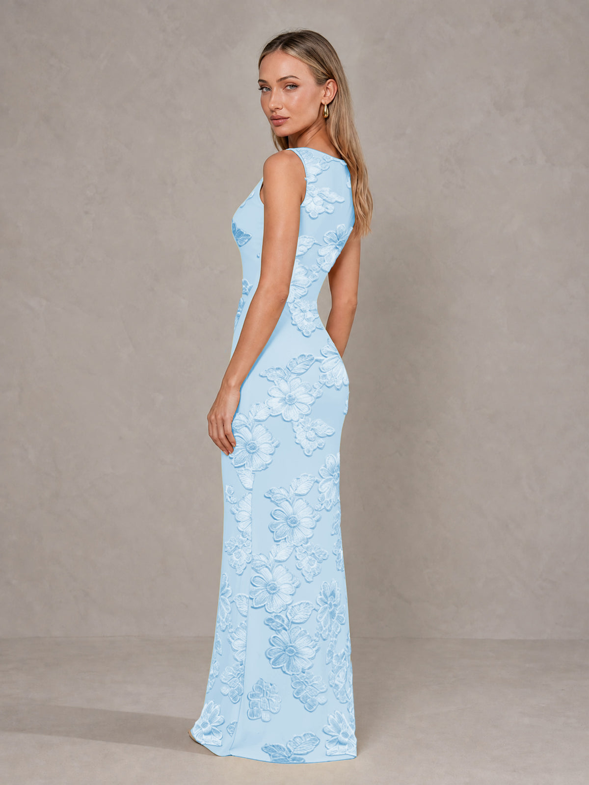 BOLODOO Light Blue Floral Sleeveless Maxi Wedding Guest Dress - Light Blue - Light Blue(4)