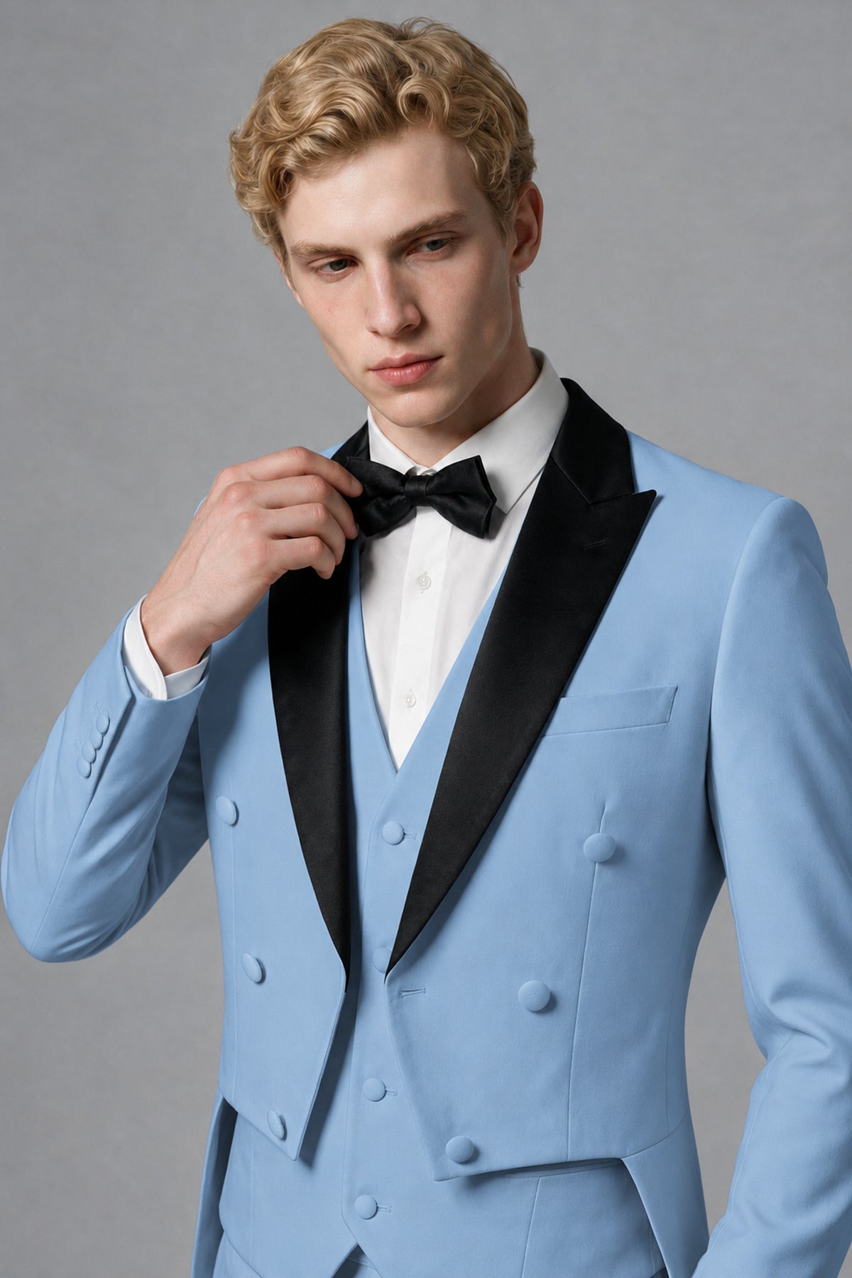 Bolodoo Men's Light Blue 3-Piece Tailcoat Tuxedo Suit with Vest & Trousers - Light Blue - Light Blue_4
