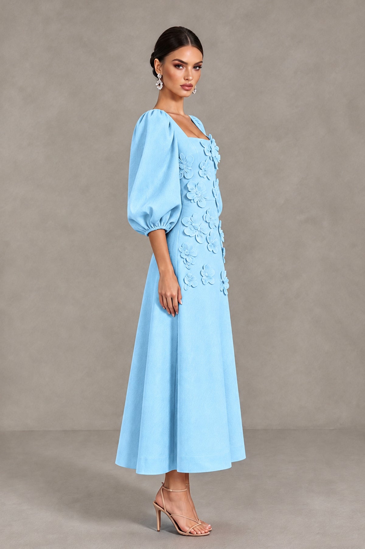 BOLODOO Light Blue 3D Floral Puff Sleeve Midi Cocktail Dress - Light Blue - Light Blue_4