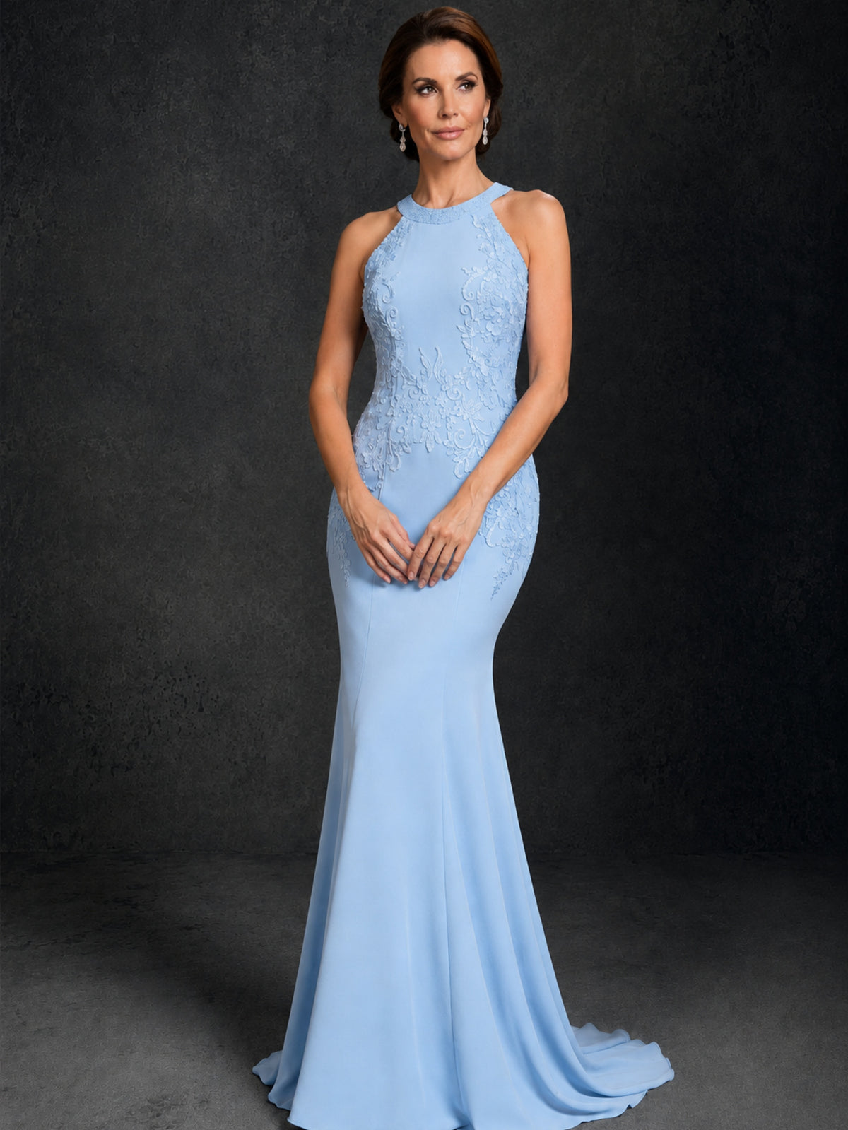 BOLODOO Light Blue Lace Applique Halter Neck Sheer Back Mermaid Maxi Dress with Sweep Train - Light Blue