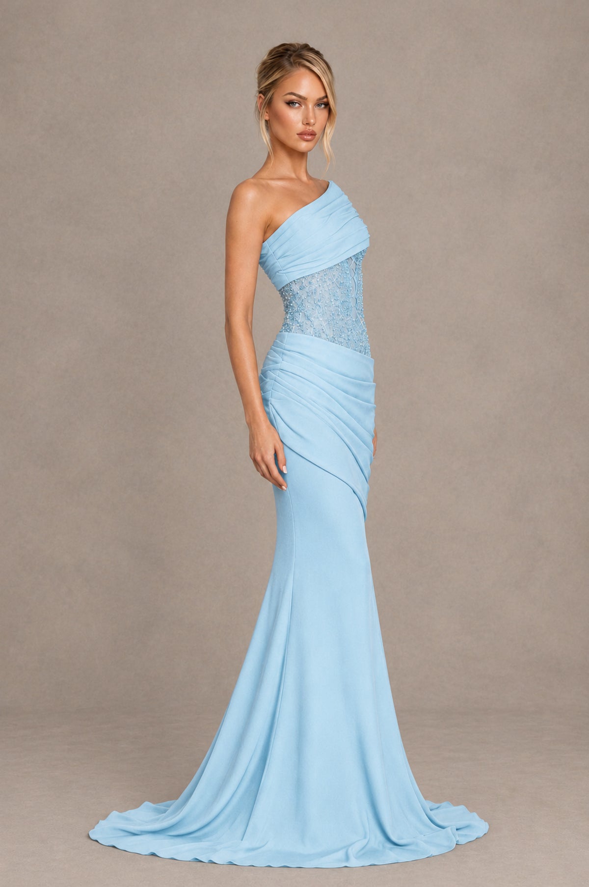 BOLODOO Light Blue One-Shoulder Sequin Embroidered Ruched Mermaid Gown with Train - Light Blue - Light Blue_4