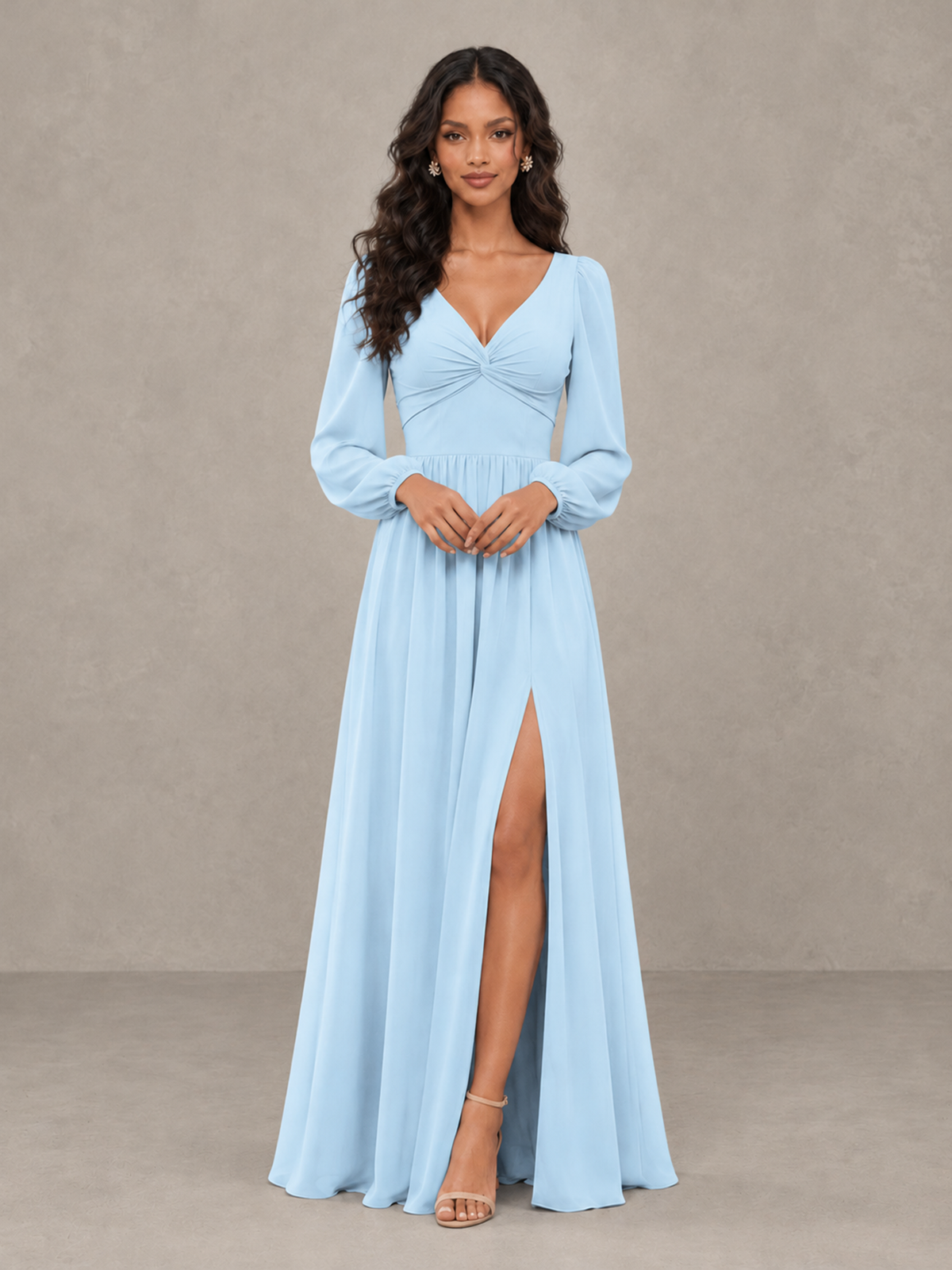 BOLODOO Light Blue V-Neck Long Sleeve Bridesmaid Dress with Tie Back and Slit - Light Blue - Light Blue_5