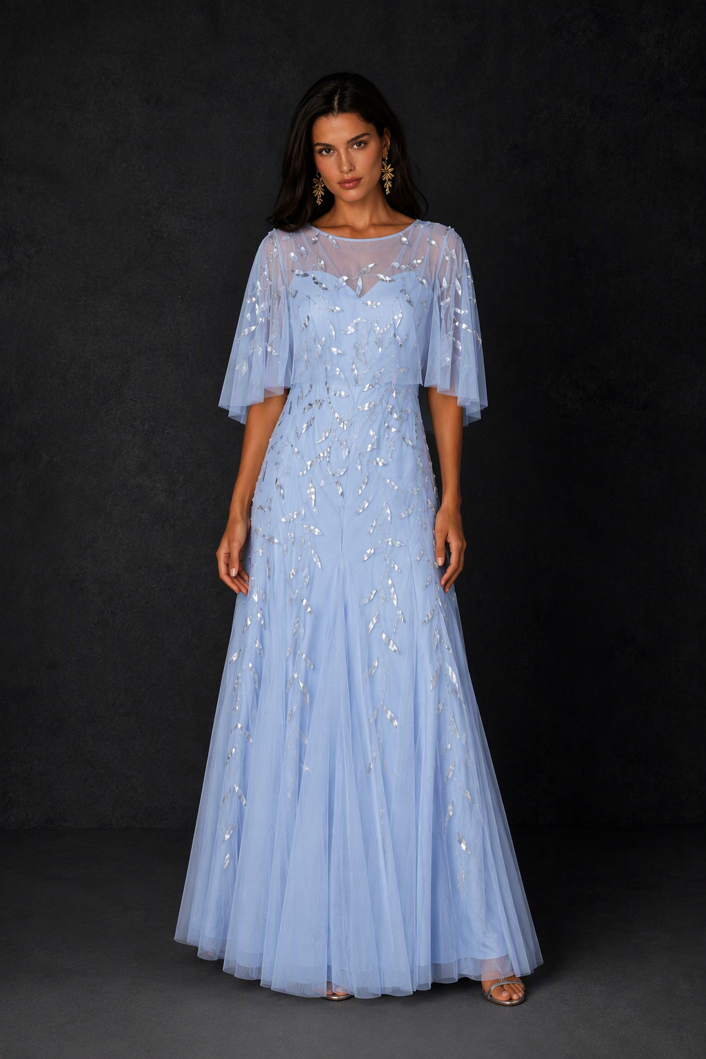 BOLODOO Light Blue Sequin Leaf Embroidered Flutter Sleeve Maxi Dress – A-Line Floor Length Mother of the Bride Gown - Light Blue