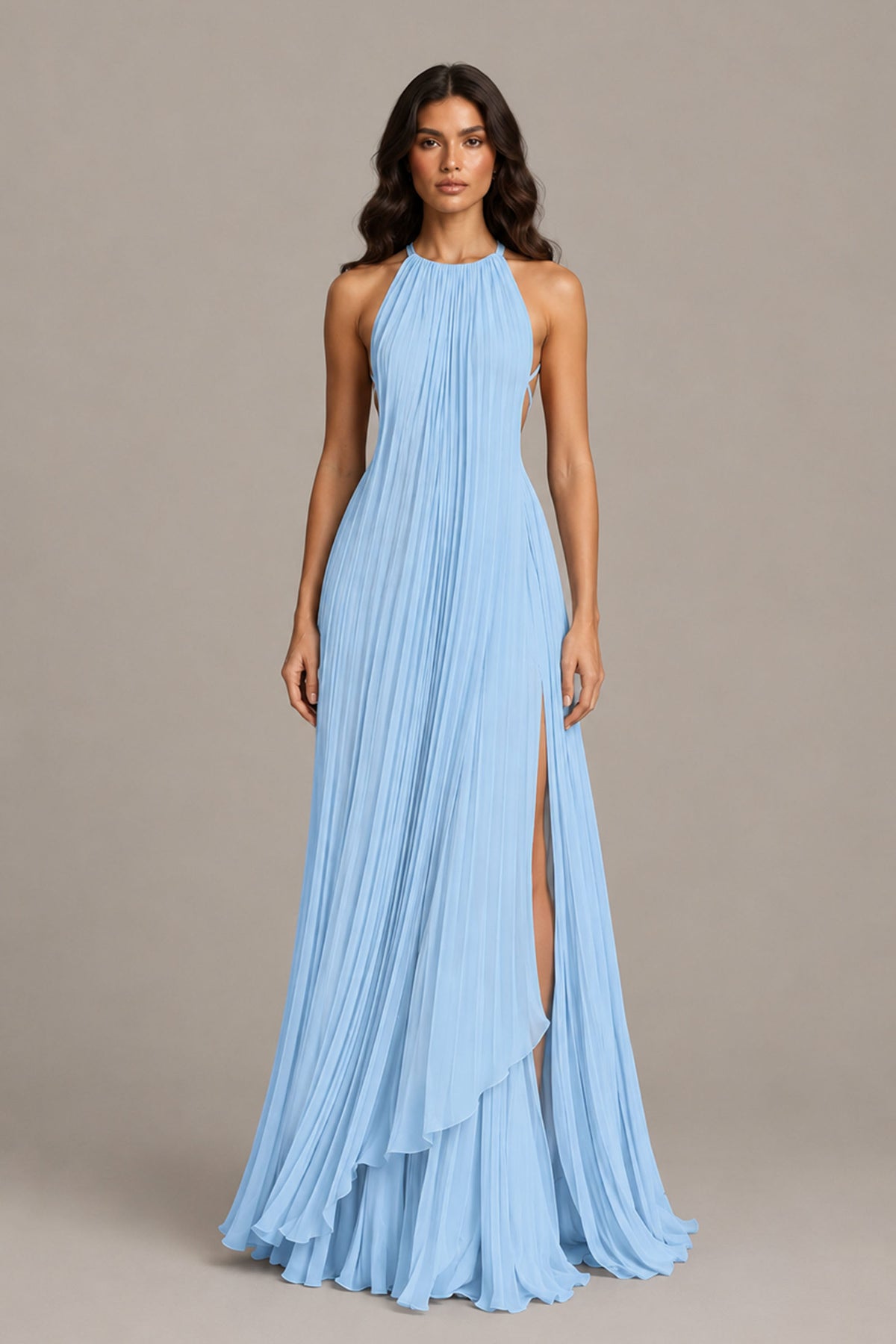 BOLODOO Light Blue Halter Neck Pleated Chiffon Maxi Dress with Side Slit - Light Blue